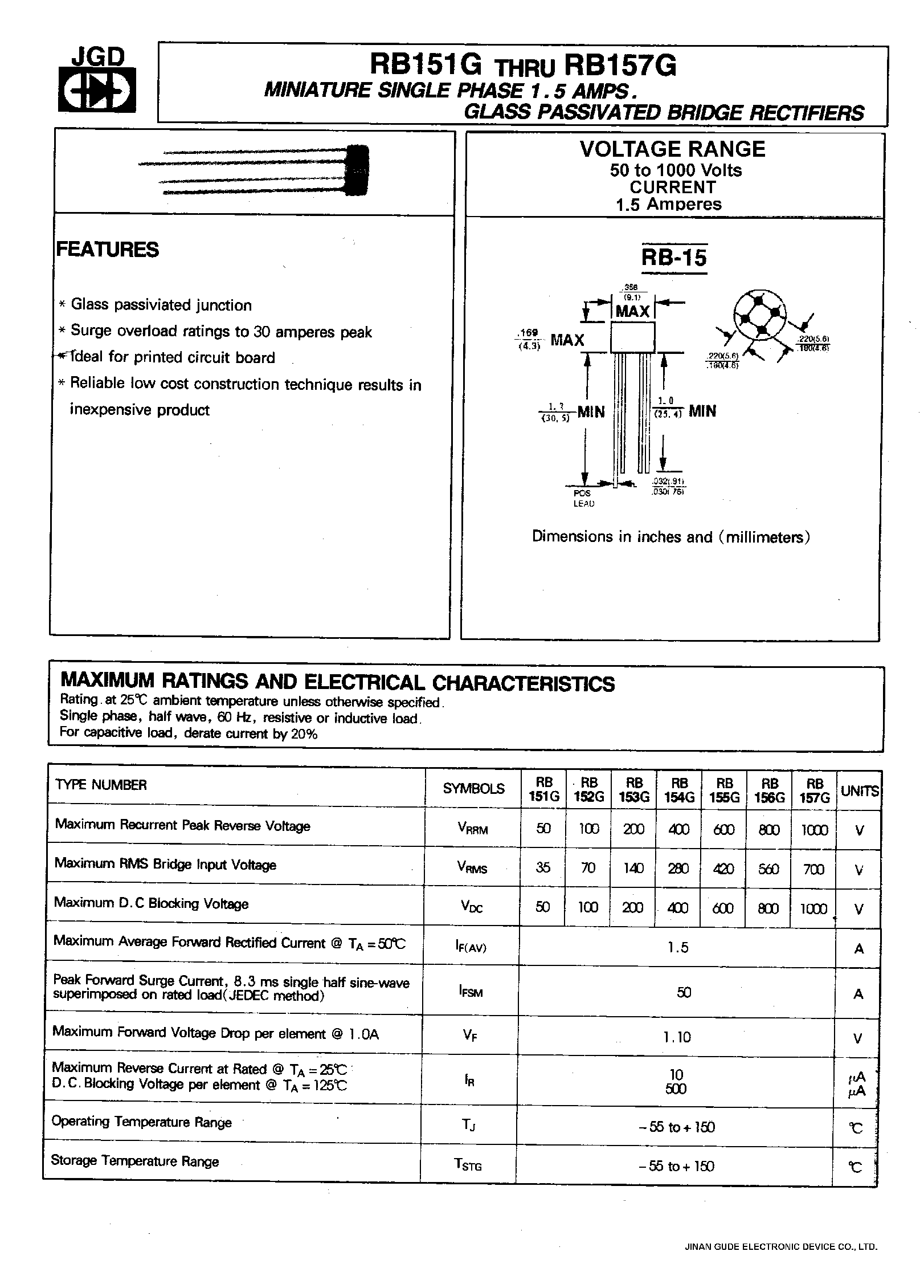Datasheet RB153G - MINIATURE SINGLE PHASE 1.5 AMPS. GLASS PASSIVATED BRIDGE RECTIFIERS page 1