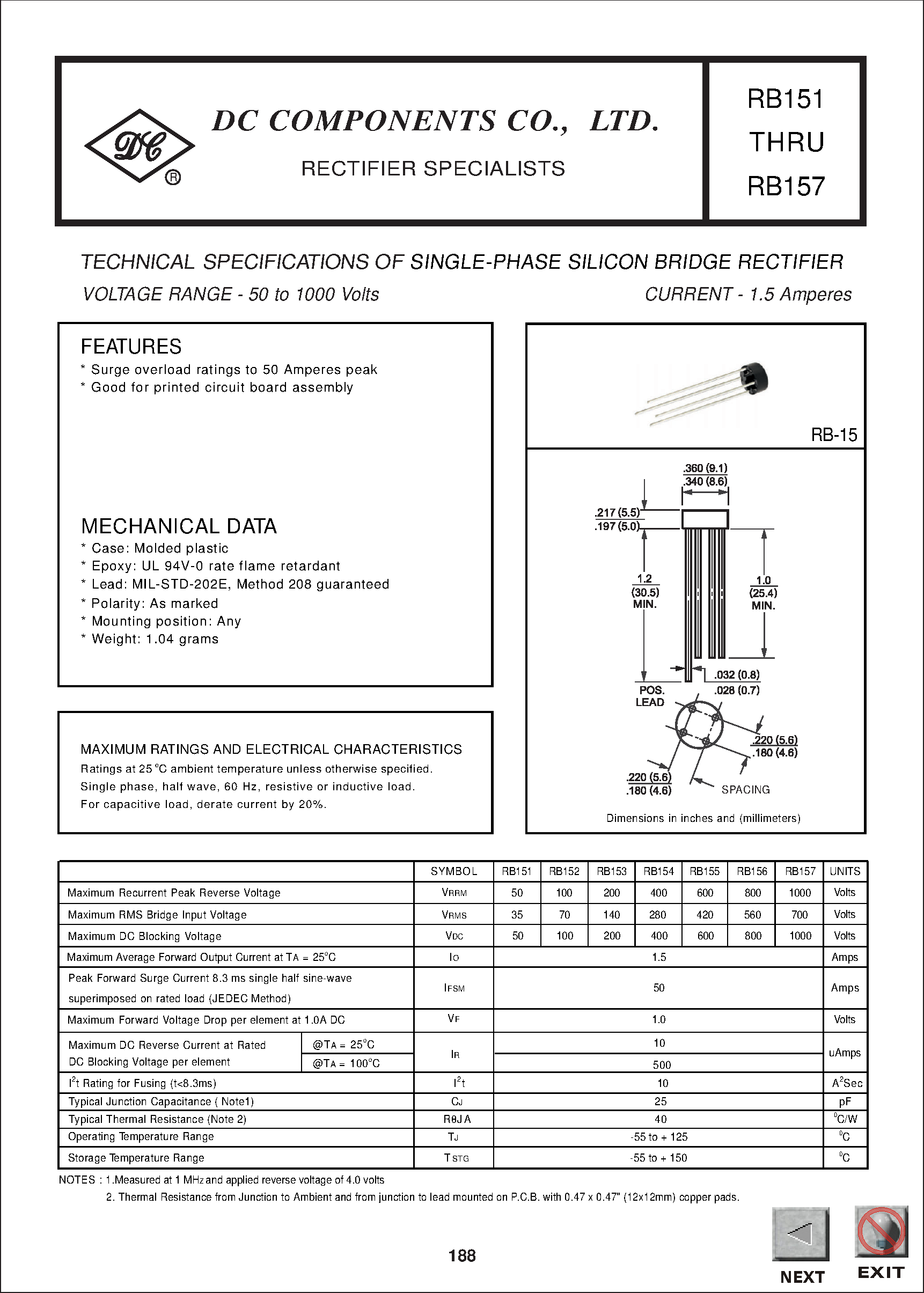 Даташит RB156 - TECHNICAL SPECIFICATIONS OF SINGLE-PHASE SILICON BRIDGE RECTIFIER страница 1
