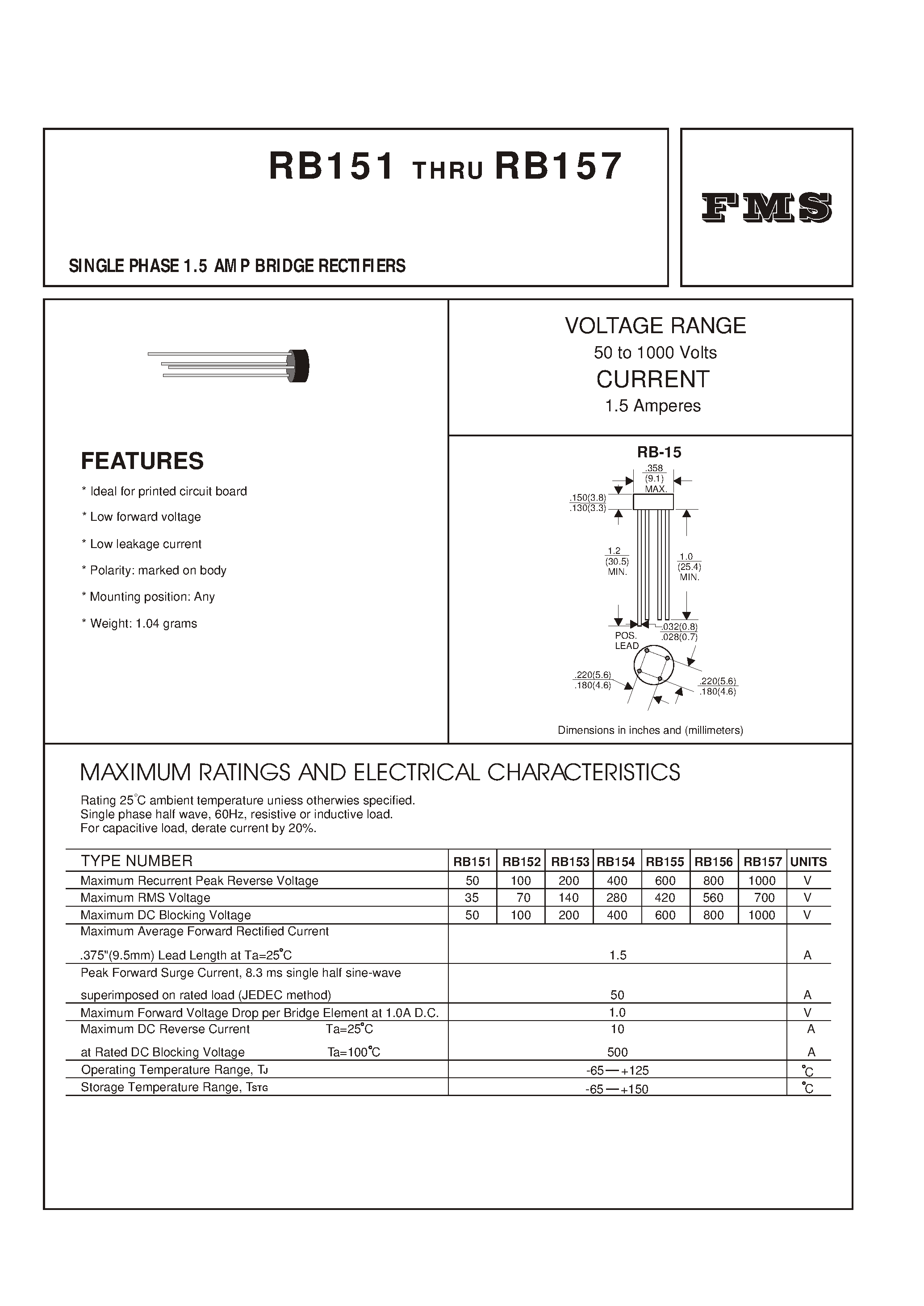 Datasheet RB157 - SINGLE PHASE 1.5 AMP BRIDGE RECTIFIERS page 1