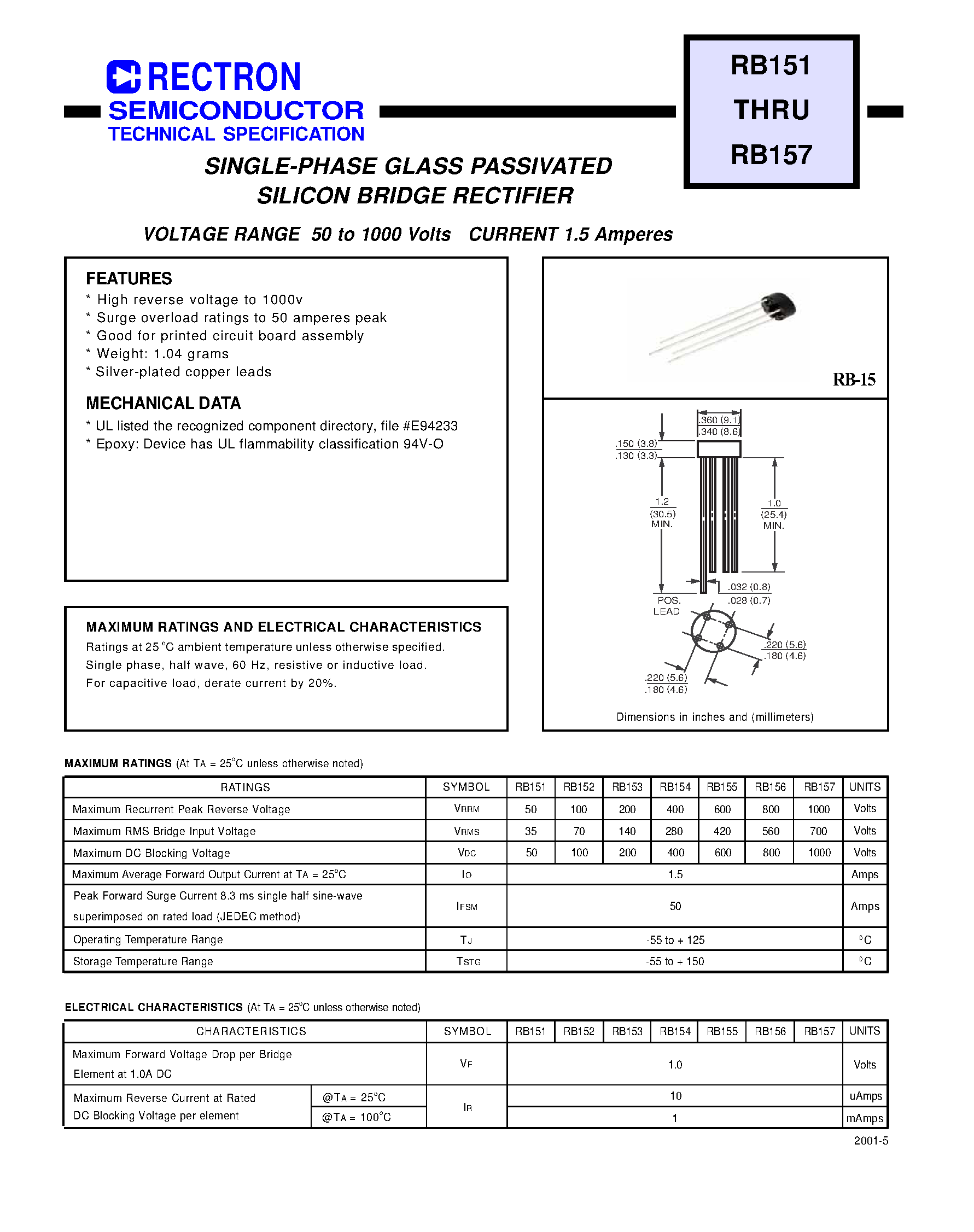 Datasheet RB157 - SINGLE-PHASE GLASS PASSIVATED SILICON BRIDGE RECTIFIER (VOLTAGE RANGE 50 to 1000 Volts CURRENT 1.5 Amperes) page 1
