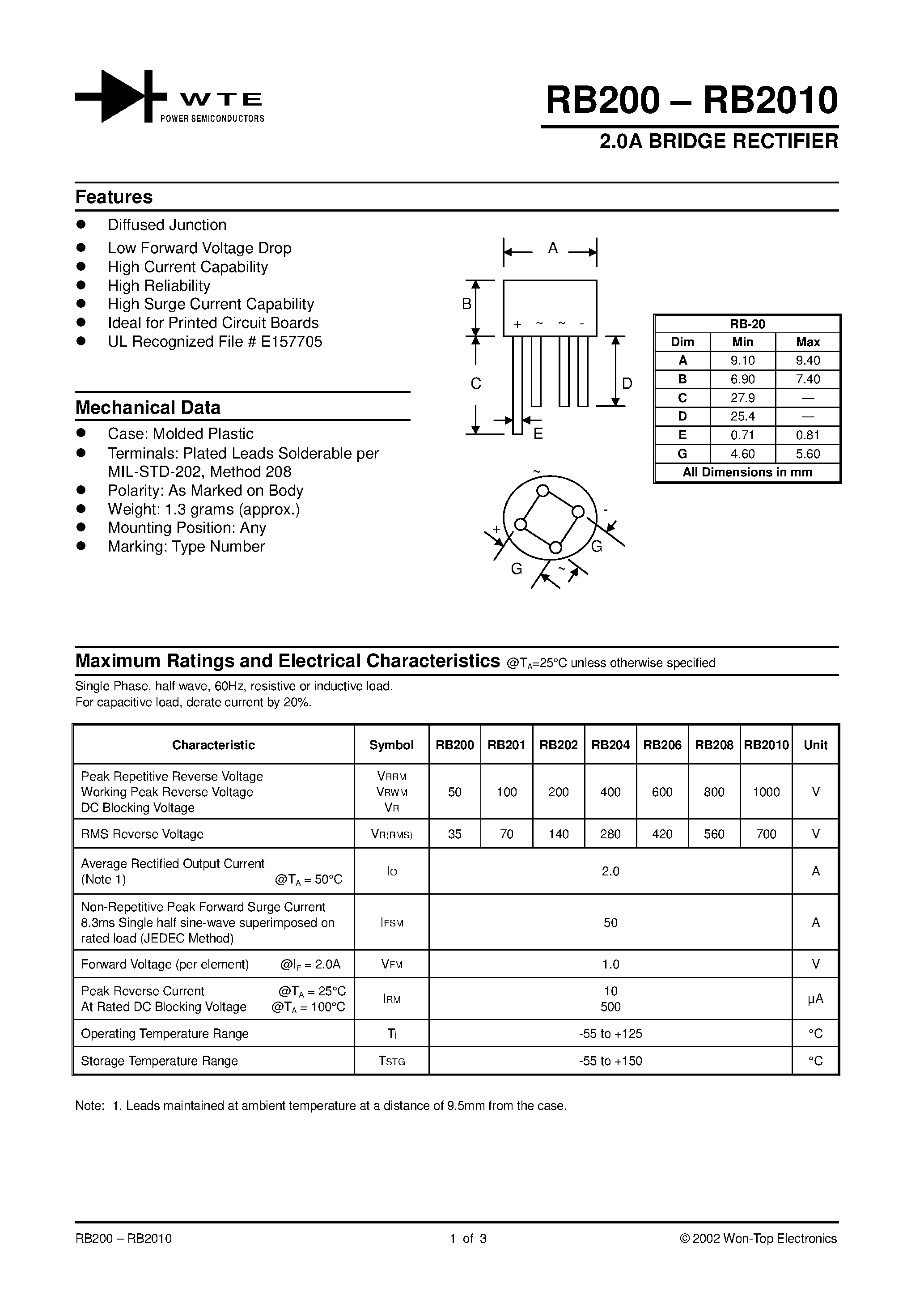 Даташит RB208 - 2.0A BRIDGE RECTIFIER страница 1