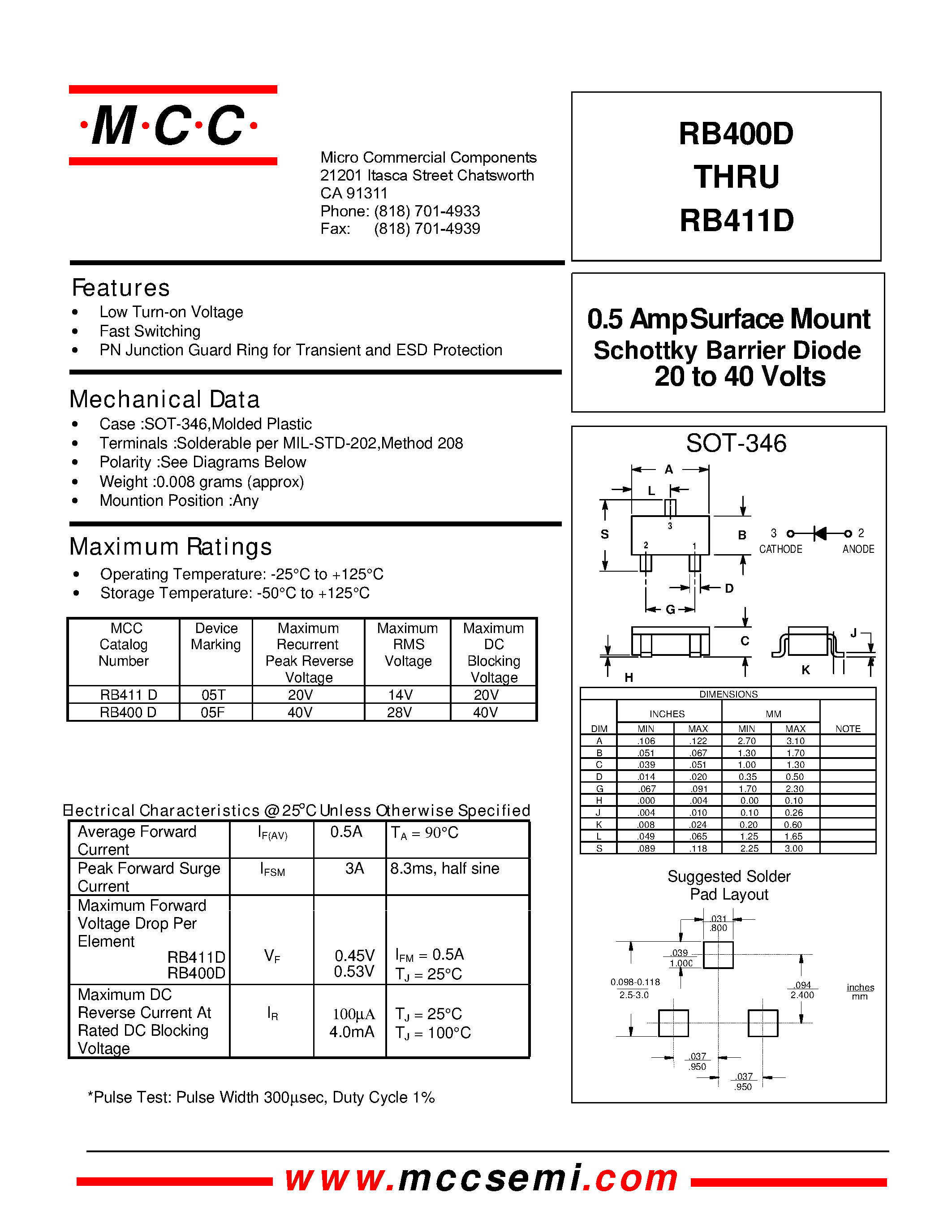 Datasheet RB411 - 20 to 40 Volts 0.5 Amp Surface Mount Schottky Barrier Diode page 1