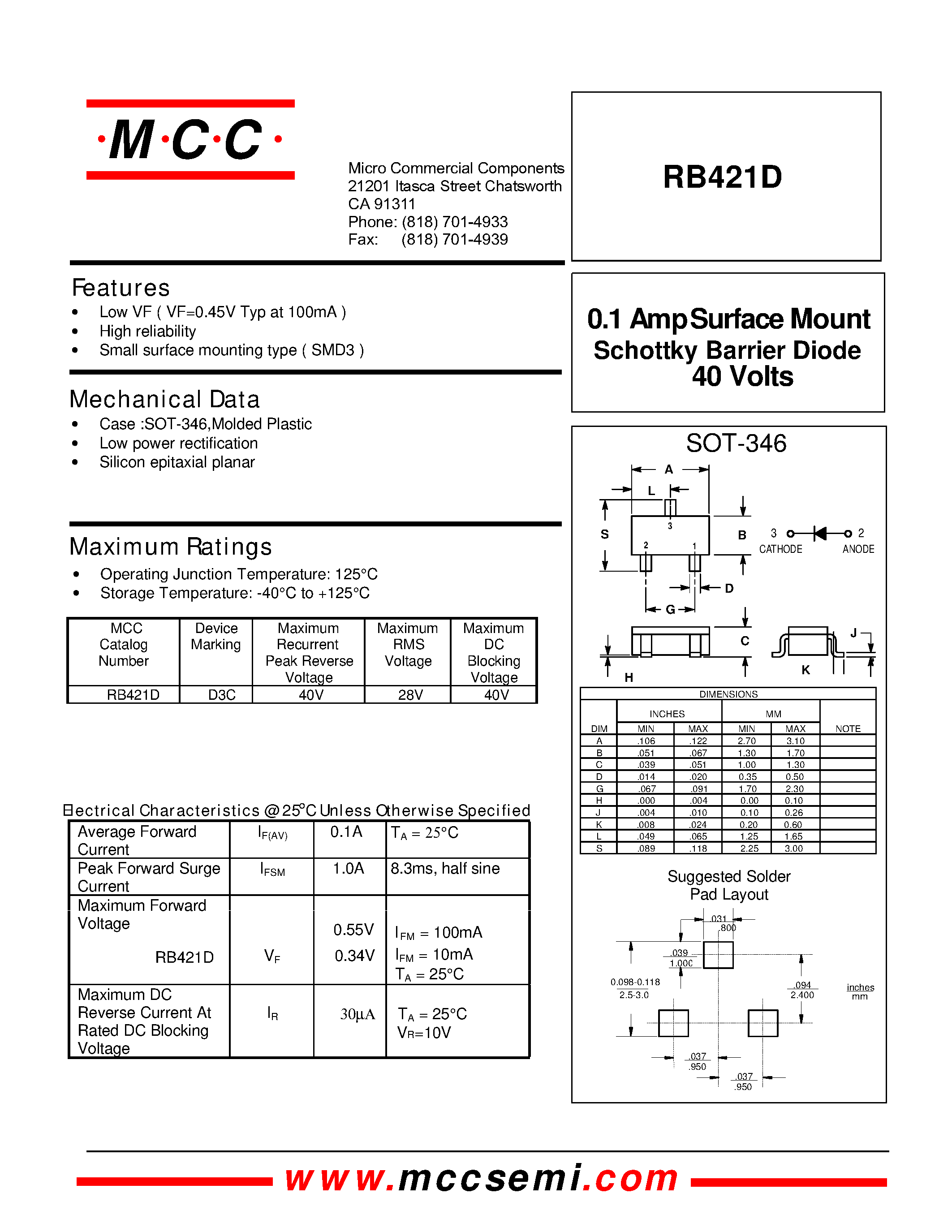 Datasheet RB421D page 1 Datasheet RB421D - 40 Volts 0.1 Amp Surface Mount Schottky Barrier Diode page 1