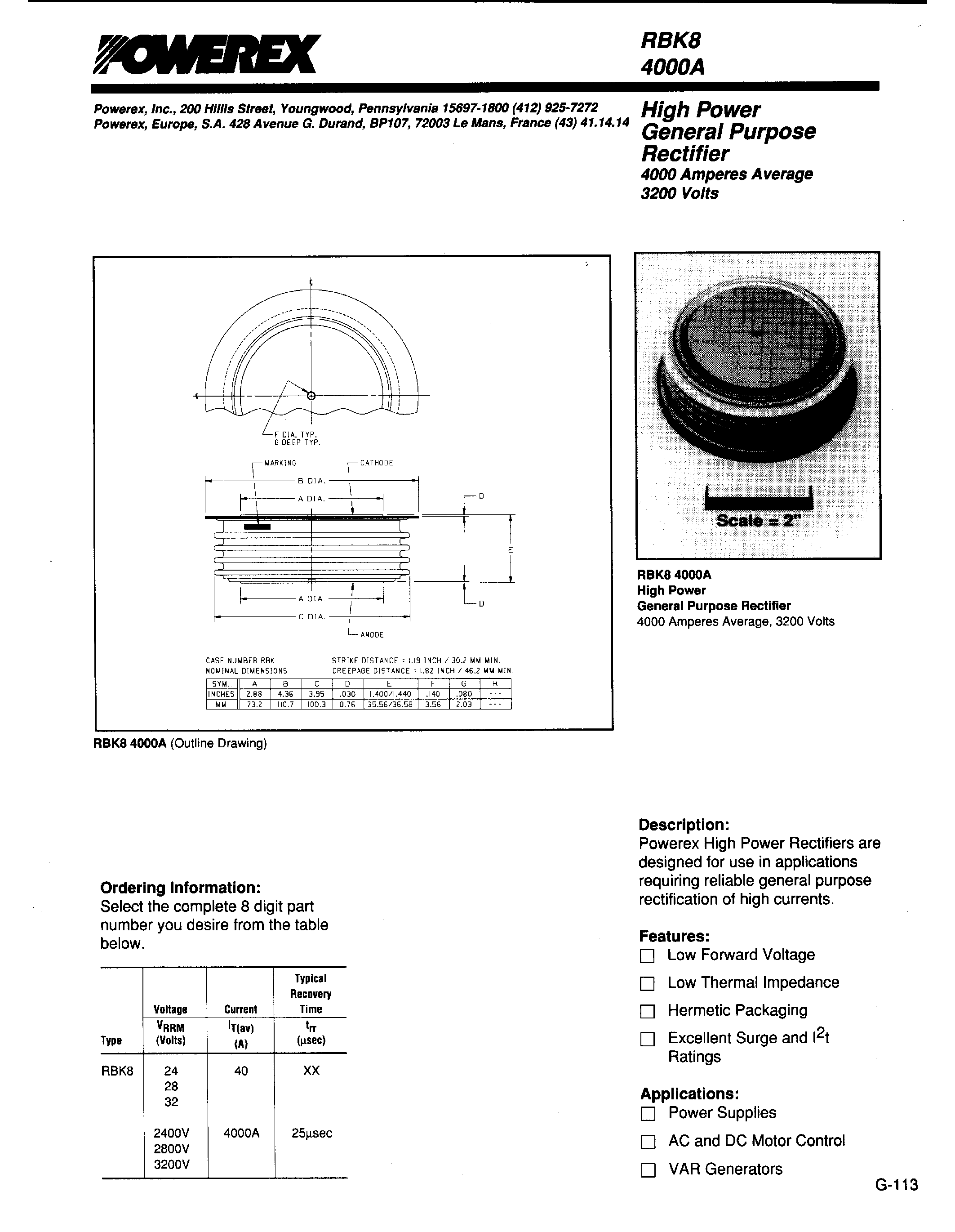 Даташит RBK84000A - High Power General Purpose Rectifier (4000 Amperes Average 3200 Volts) страница 1