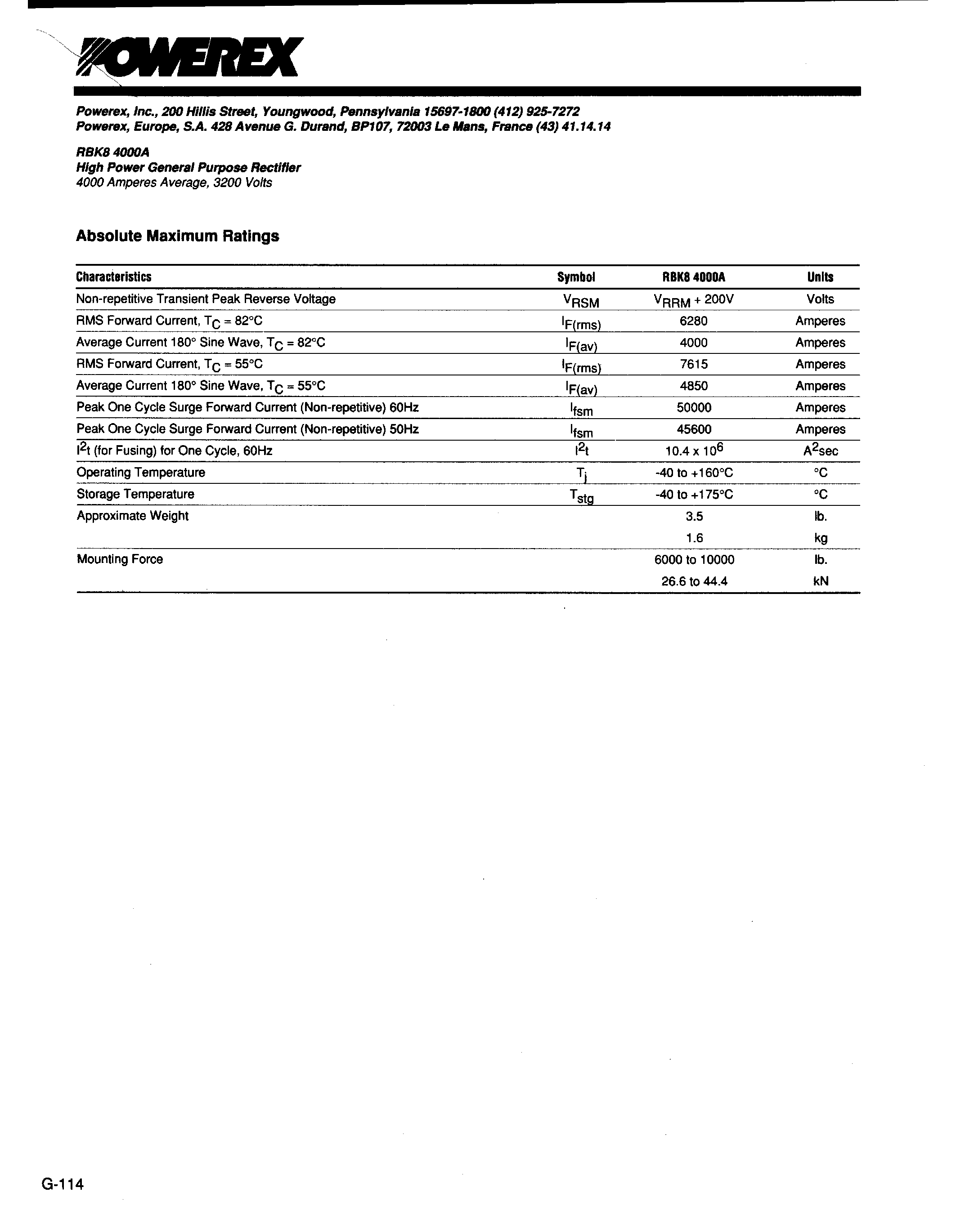 Даташит RBK84000A - High Power General Purpose Rectifier (4000 Amperes Average 3200 Volts) страница 2