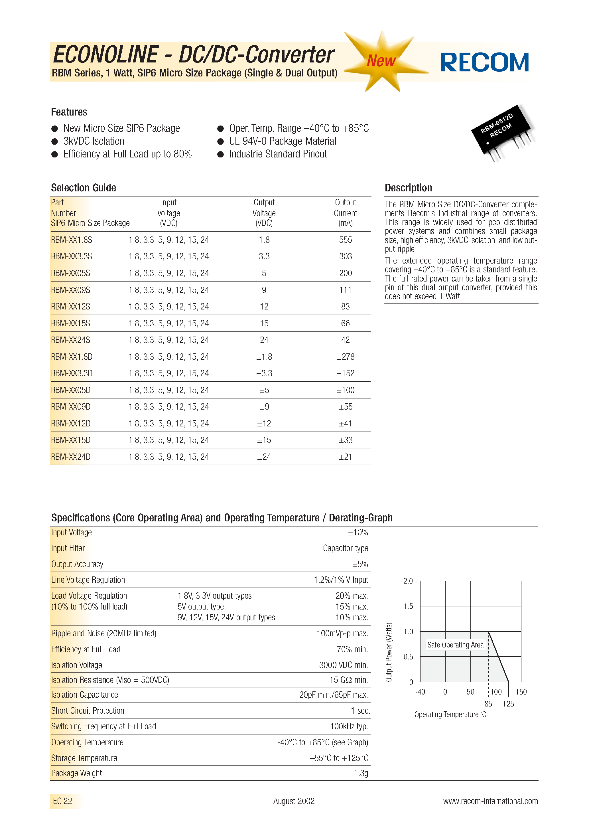 Даташит RBM-1.815D - ECONOLINE - DC/DC - CONVERTER страница 1