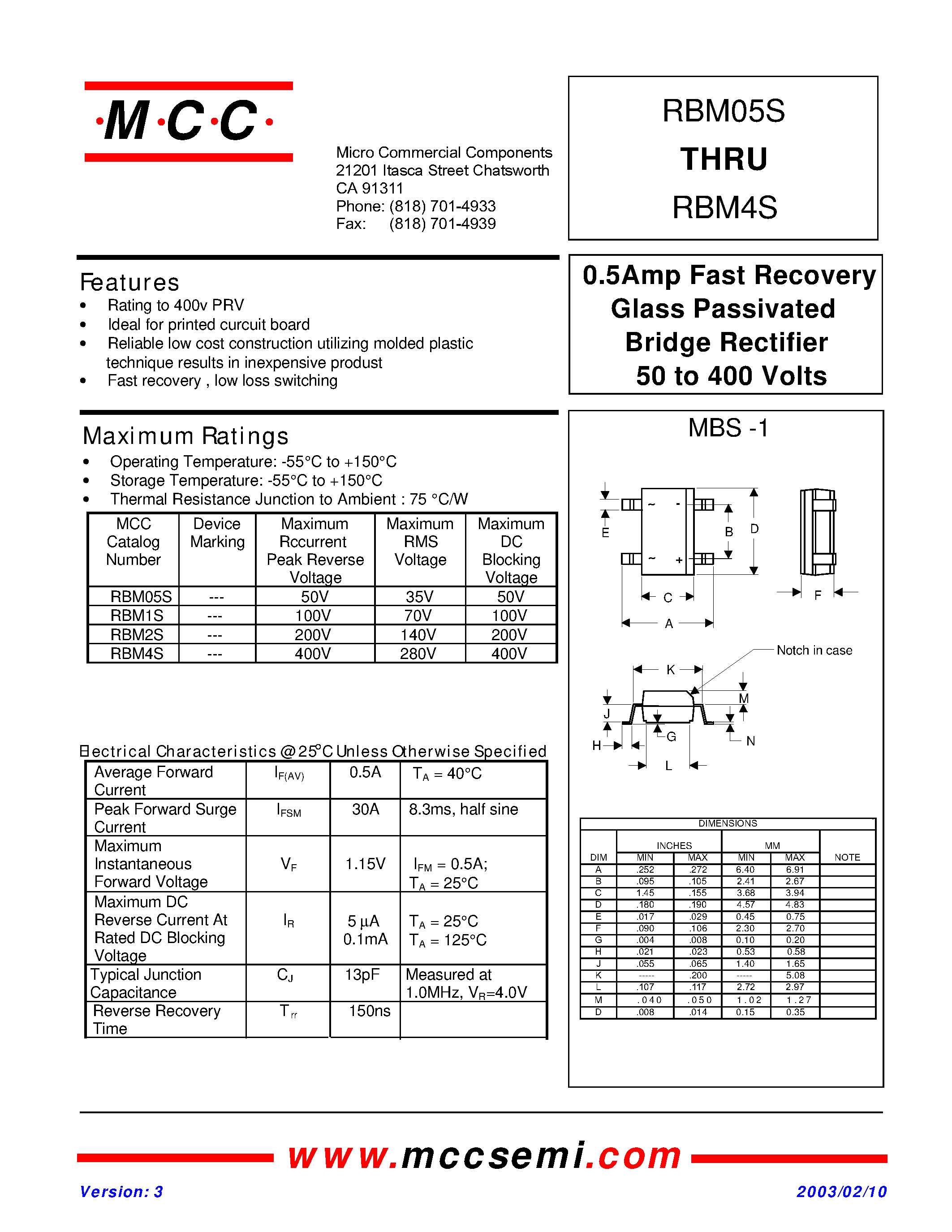 Datasheet RBM4S - 0.5Amp Fast Recovery Glass Passivated Bridge Rectifier 50 to 400 Volts page 1