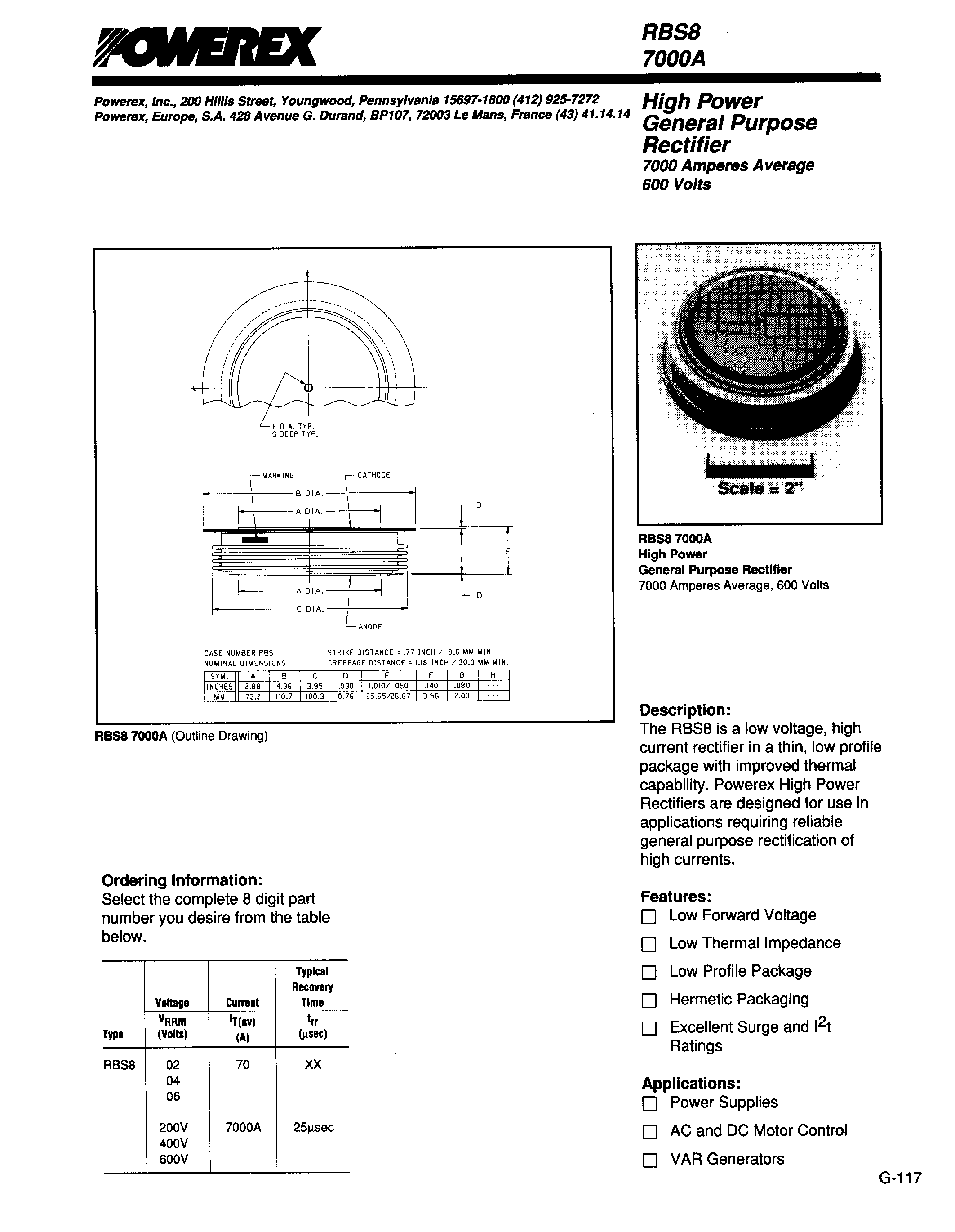 Даташит RBS80670 - High Power General Purpose Rectifier (7000 Amperes Average 600 Volts) страница 1
