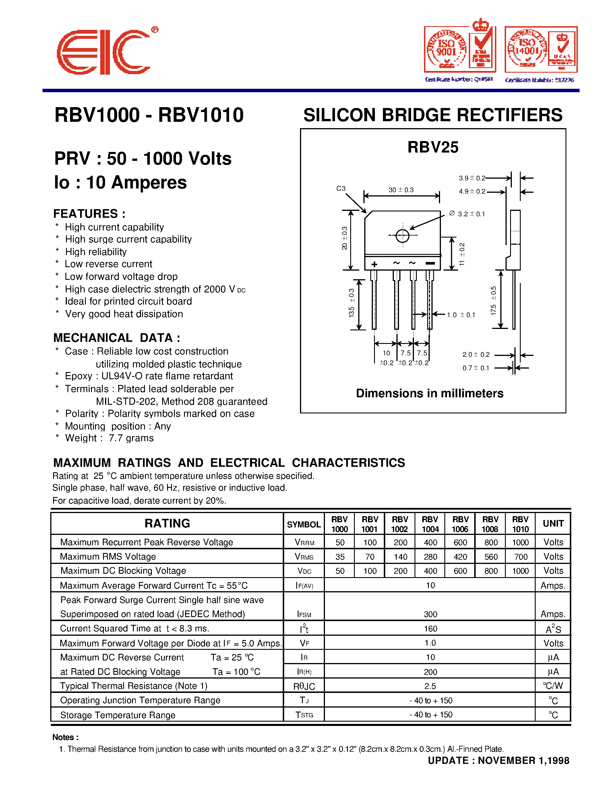 Datasheet RBV1004 page 1 Datasheet RBV1004 - SILICON BRIDGE RECTIFIERS page 1