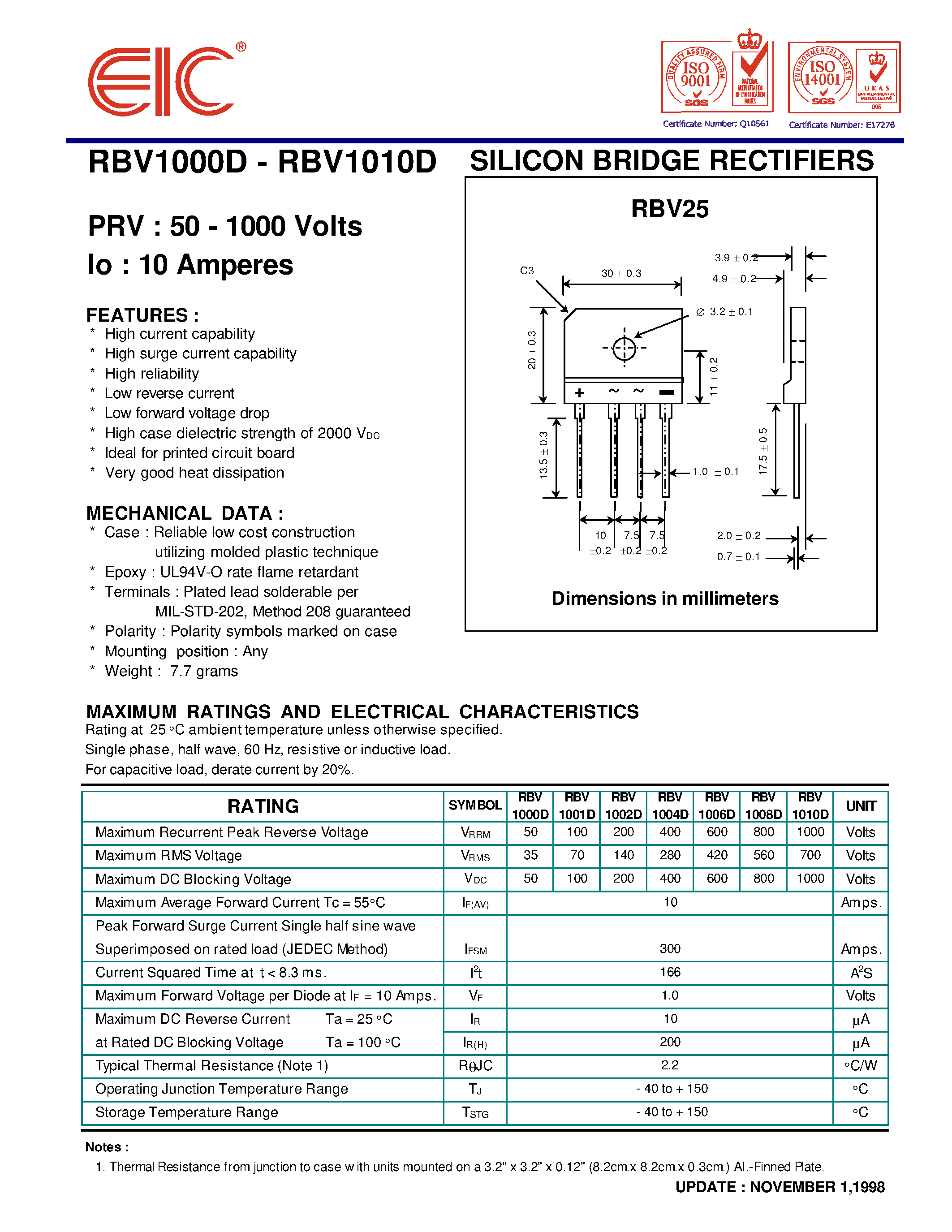 Datasheet RBV1010D page 1 Datasheet RBV1010D - SILICON BRIDGE RECTIFIERS page 1