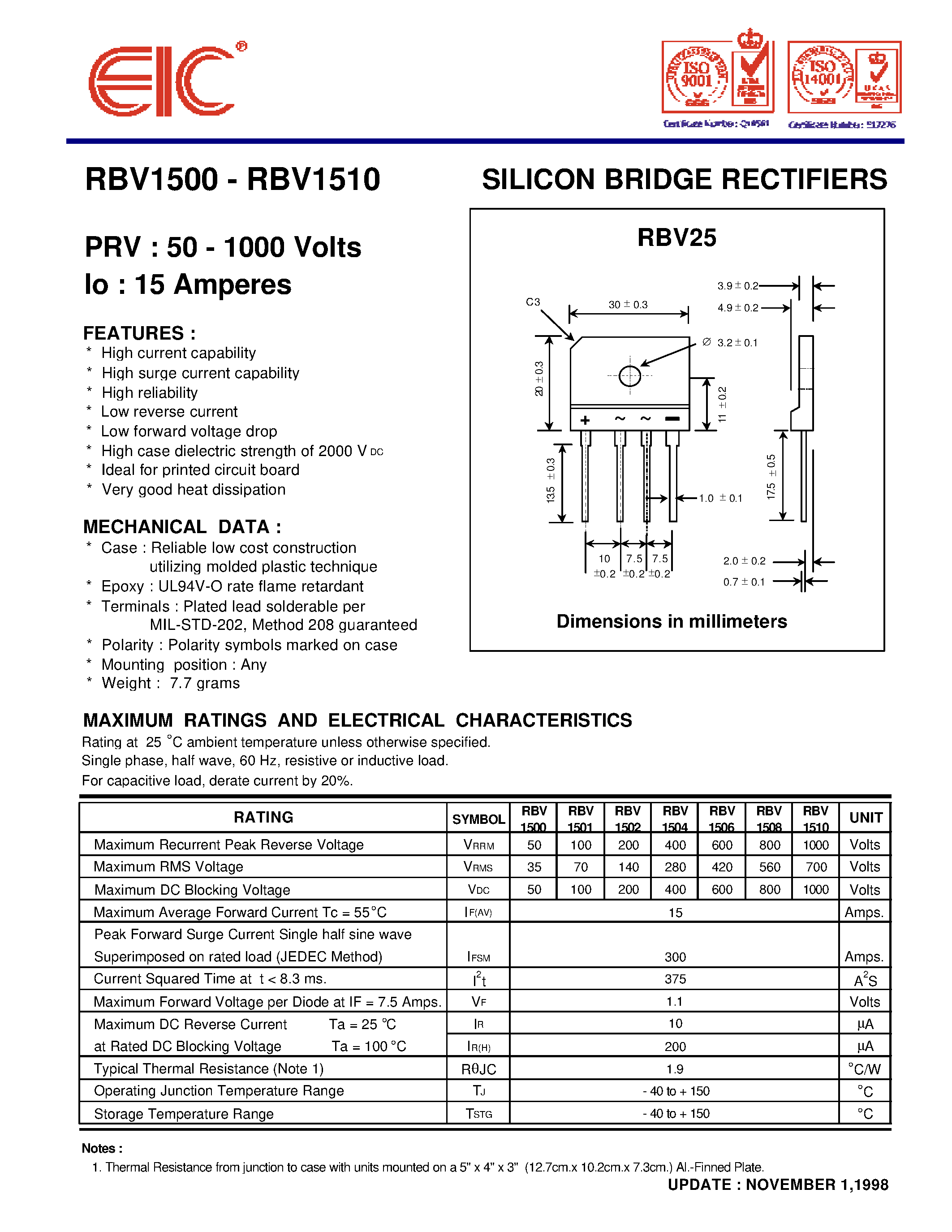 Datasheet RBV1504 page 1 Datasheet RBV1504 - SILICON BRIDGE RECTIFIERS page 1