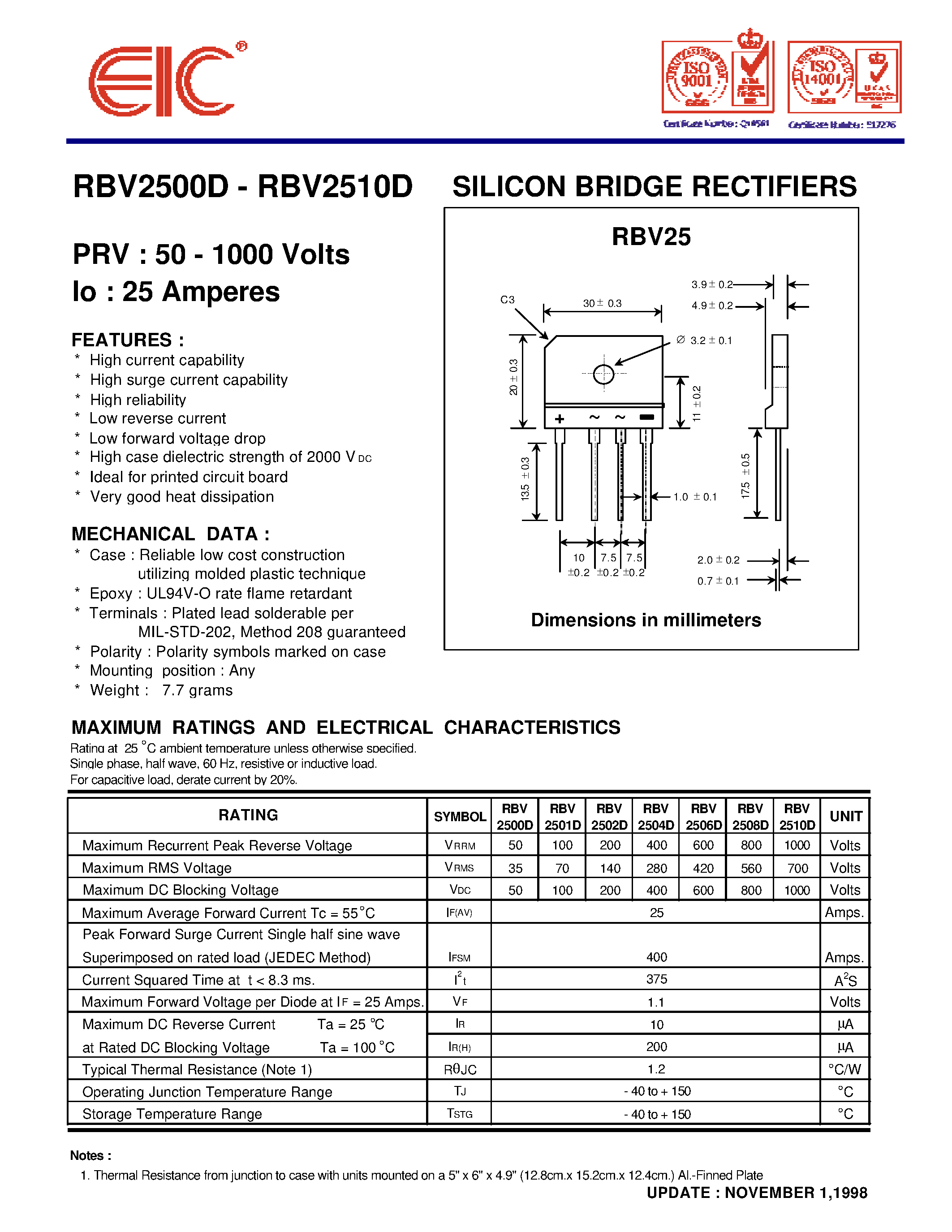 Datasheet RBV2508D page 1 Datasheet RBV2508D - SILICON BRIDGE RECTIFIERS page 1