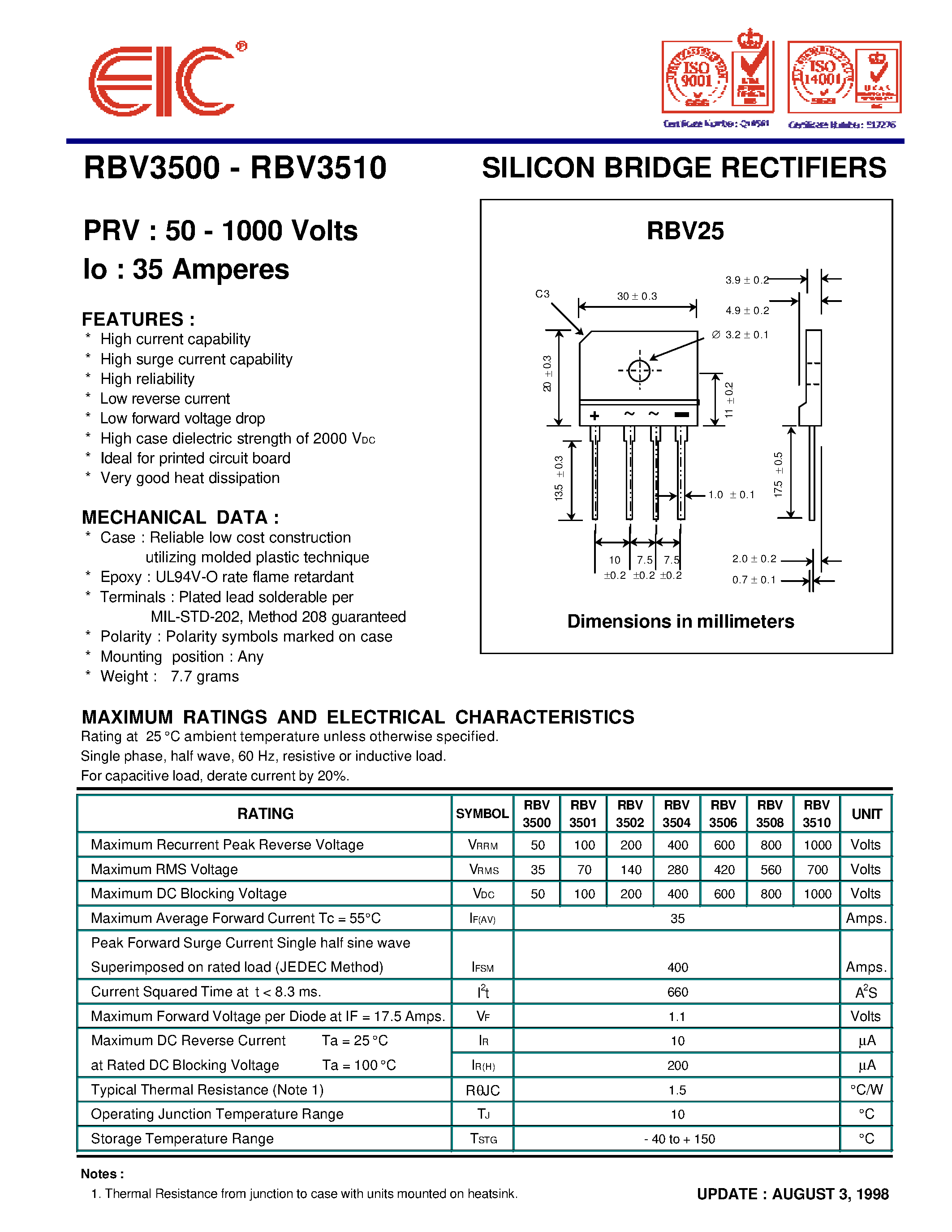 Datasheet RBV3510 page 1 Datasheet RBV3510 - SILICON BRIDGE RECTIFIERS page 1