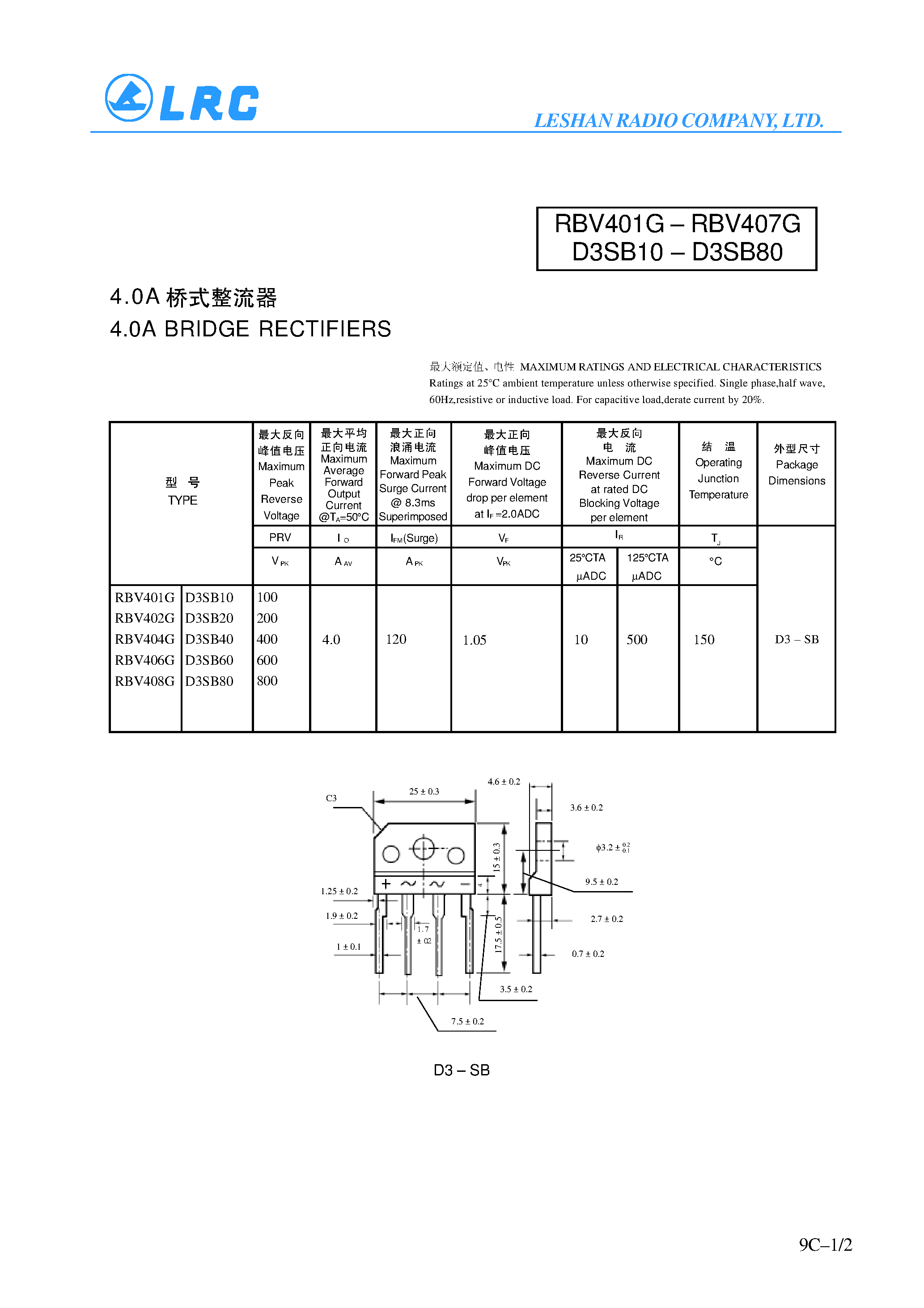 Datasheet RBV408G - 4.0A BRIDGE RECTIFIERS page 1