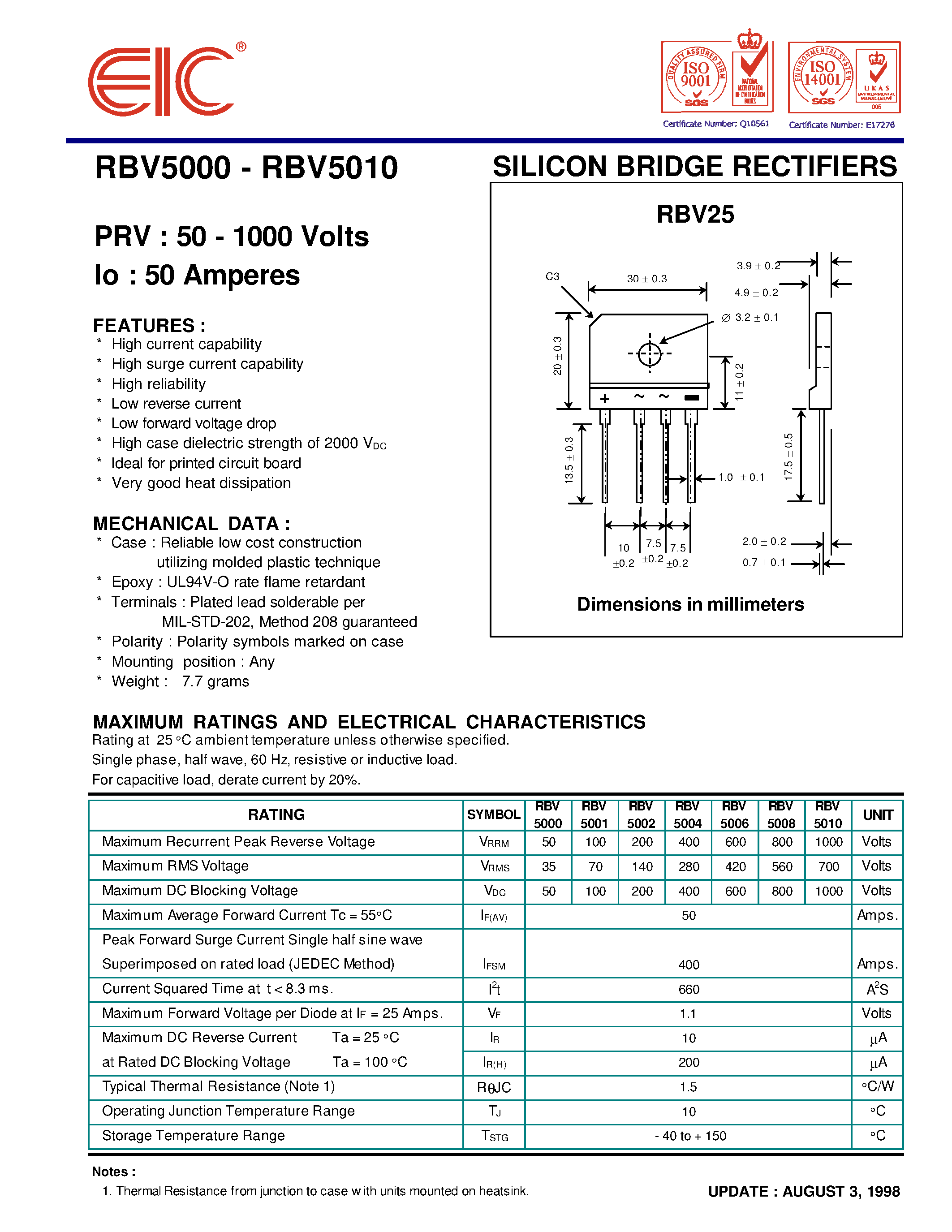 Datasheet RBV5008 page 1 Datasheet RBV5008 - SILICON BRIDGE RECTIFIERS page 1