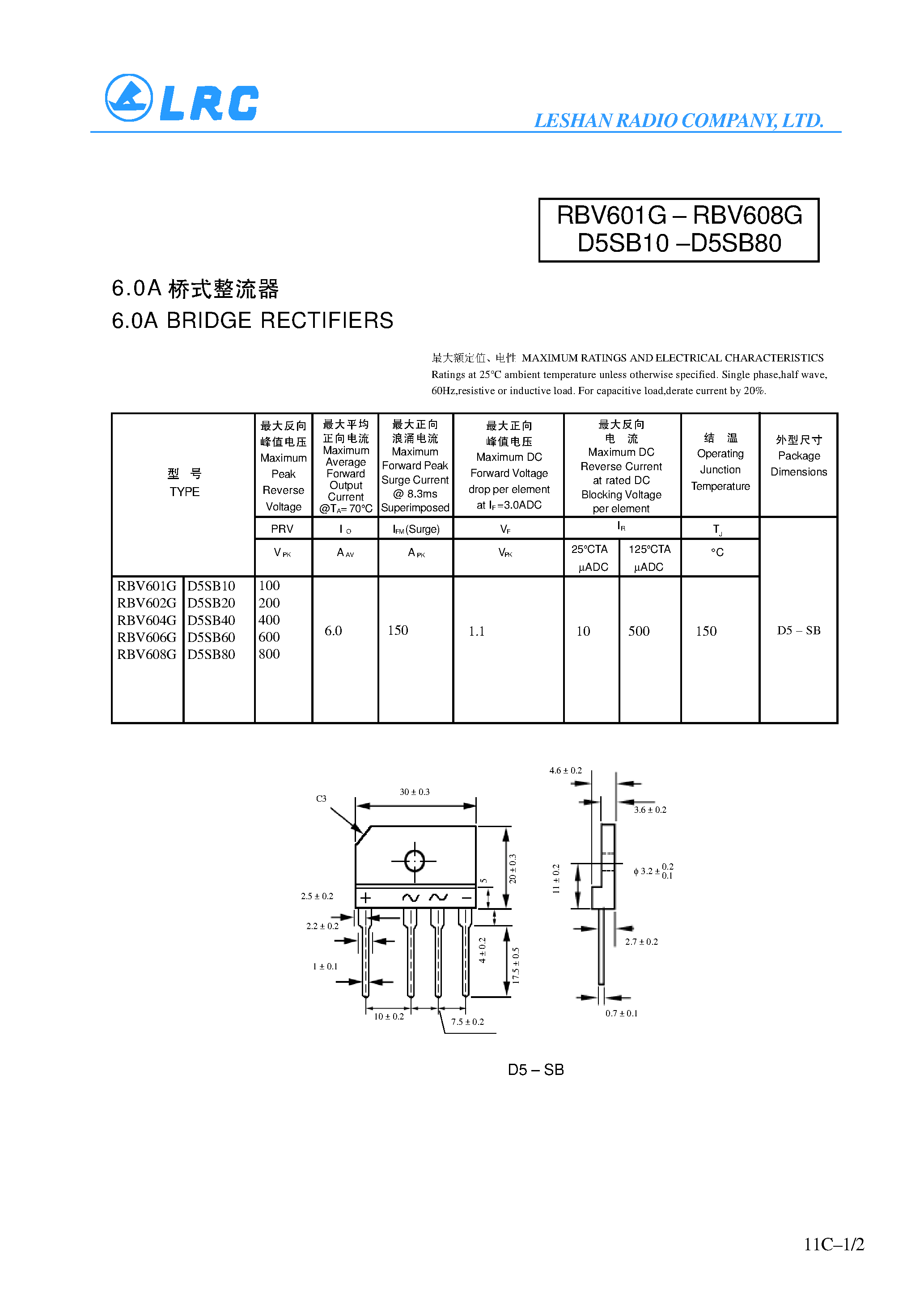 Datasheet RBV602G page 1 Datasheet RBV602G - 6.0A BRIDGE RECTIFIERS page 1