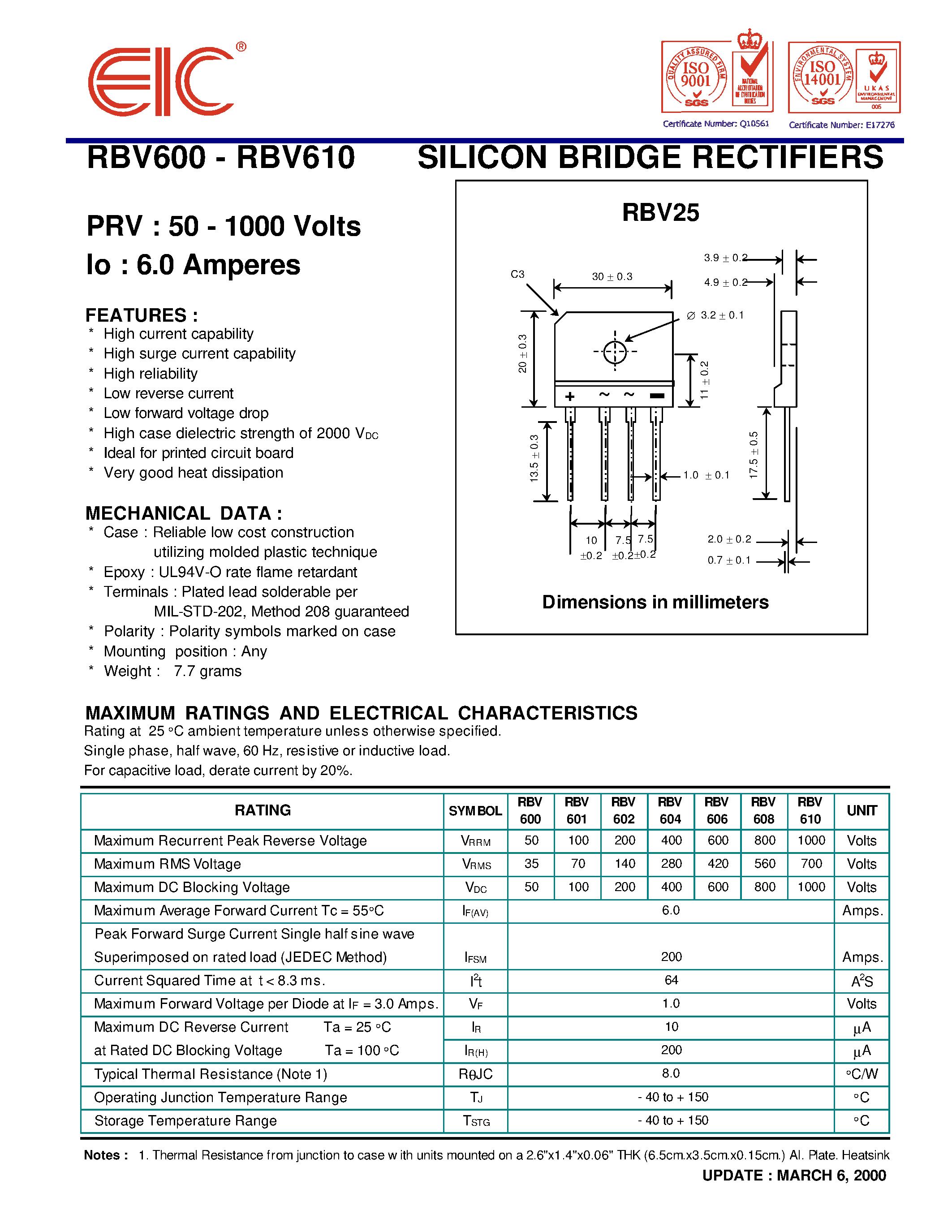 Datasheet RBV608 page 1 Datasheet RBV608 - SILICON BRIDGE RECTIFIERS page 1