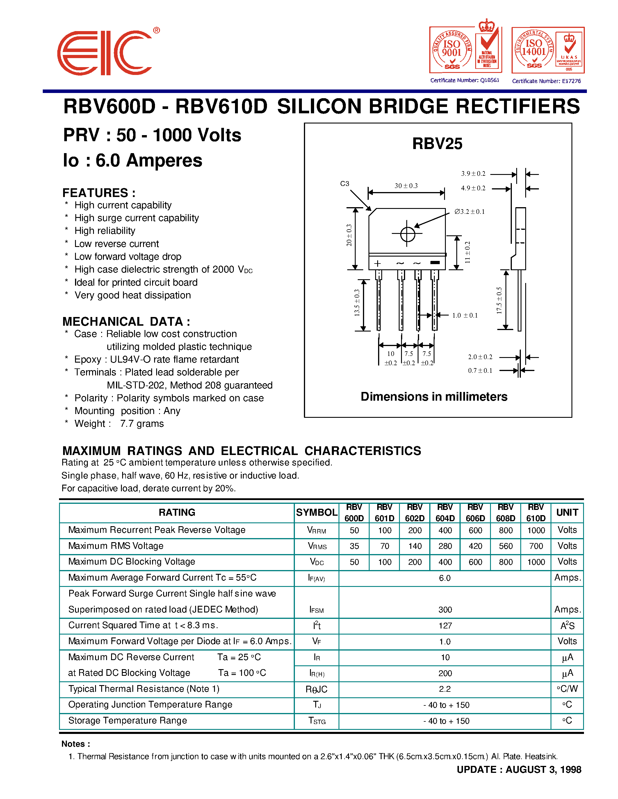Datasheet RBV610D page 1 Datasheet RBV610D - SILICON BRIDGE RECTIFIERS page 1