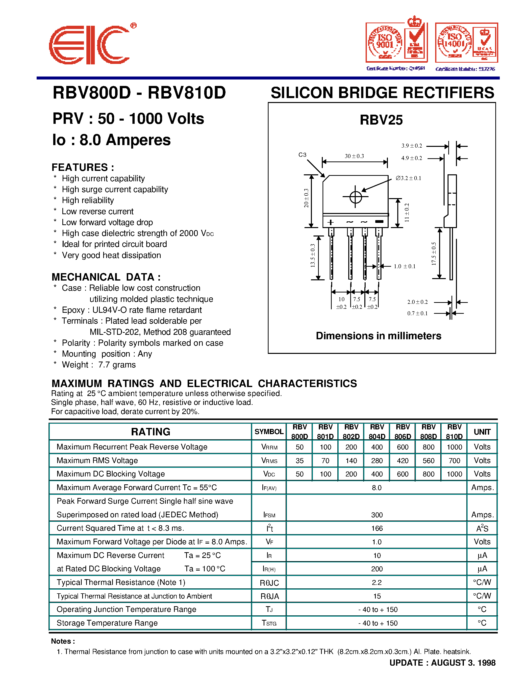 Datasheet RBV806D page 1 Datasheet RBV806D - SILICON BRIDGE RECTIFIERS page 1