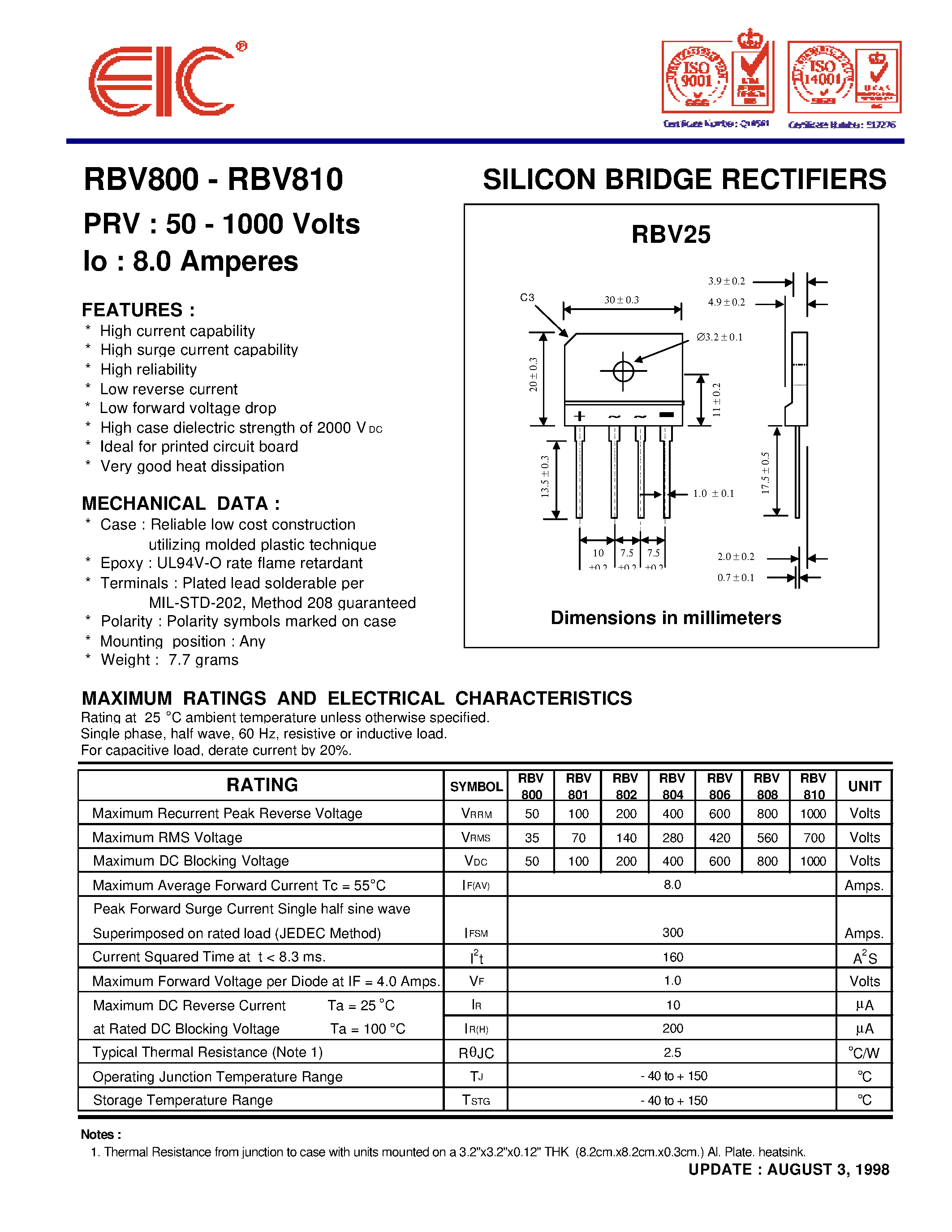 Datasheet RBV810 page 1 Datasheet RBV810 - SILICON BRIDGE RECTIFIERS page 1
