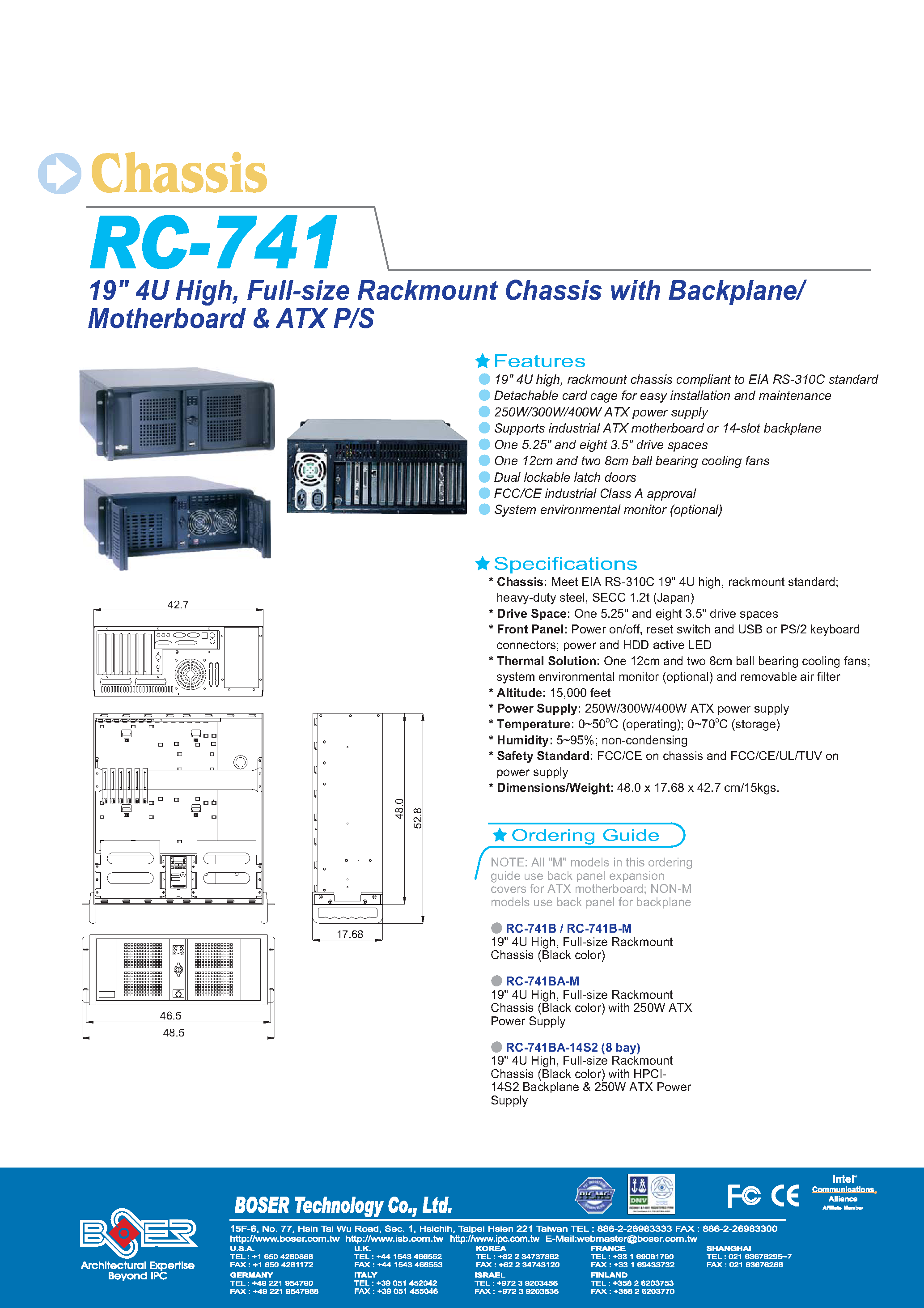 Datasheet RC-741 - 19 4U HIGH FULL-SIZE RACKMOUNT CHASSIS WITH BACKPLANE MOTHERBOARD & ATX P/S page 1