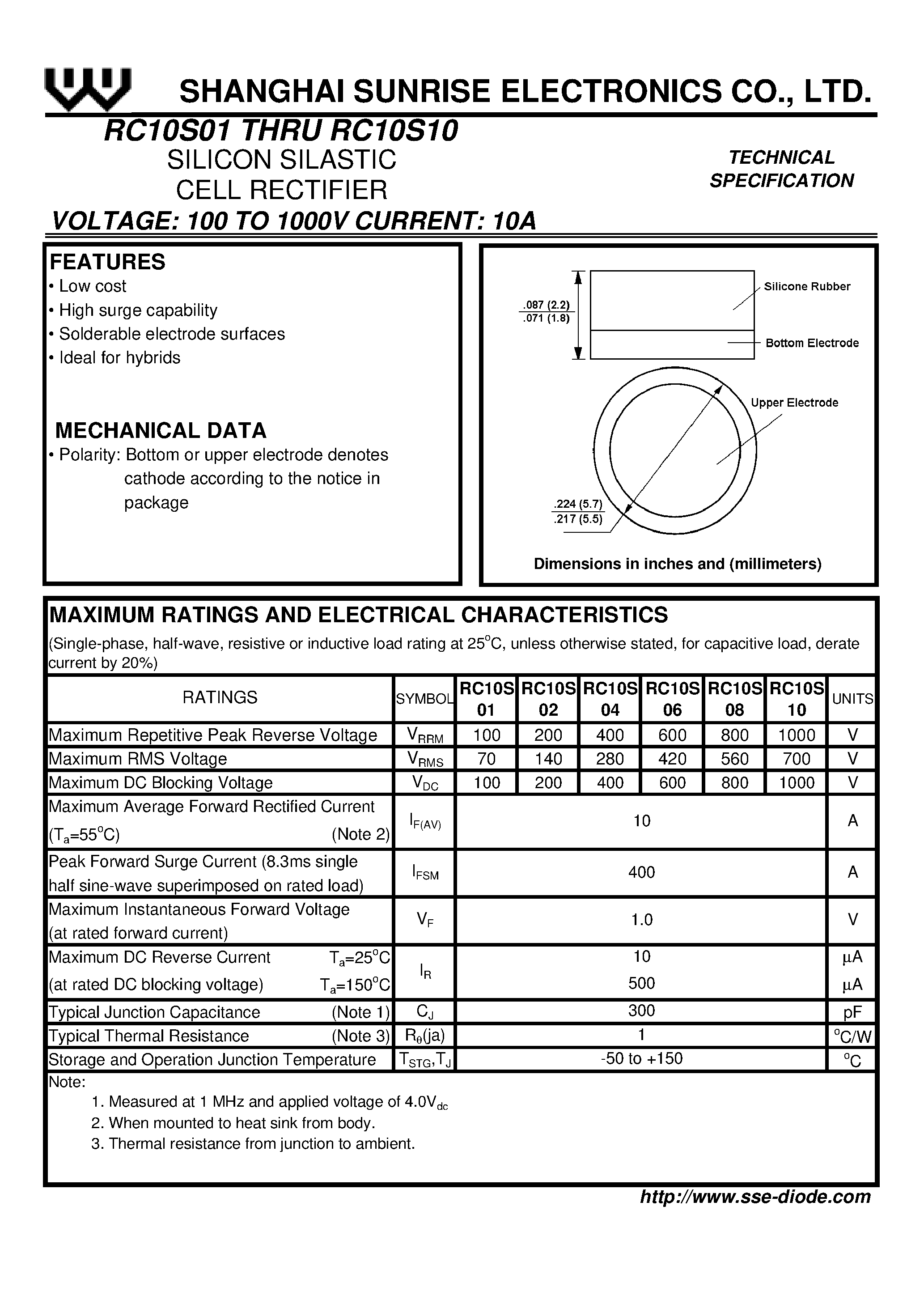 Даташит RC10S10 - SILICON SILASTIC CELL RECTIFIER страница 1