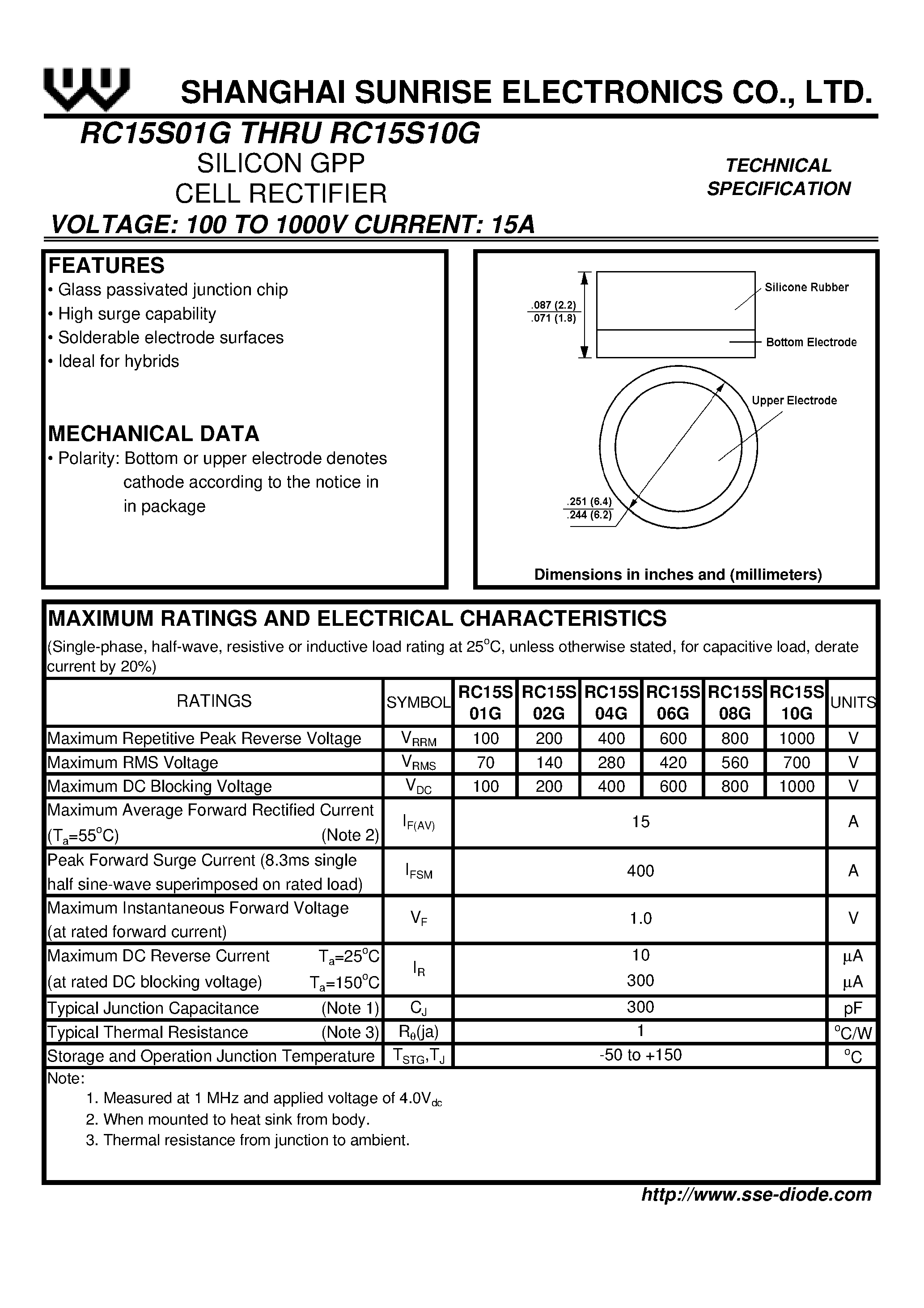 Даташит RC15S02G - SILICON GPP CELL RECTIFIER страница 1