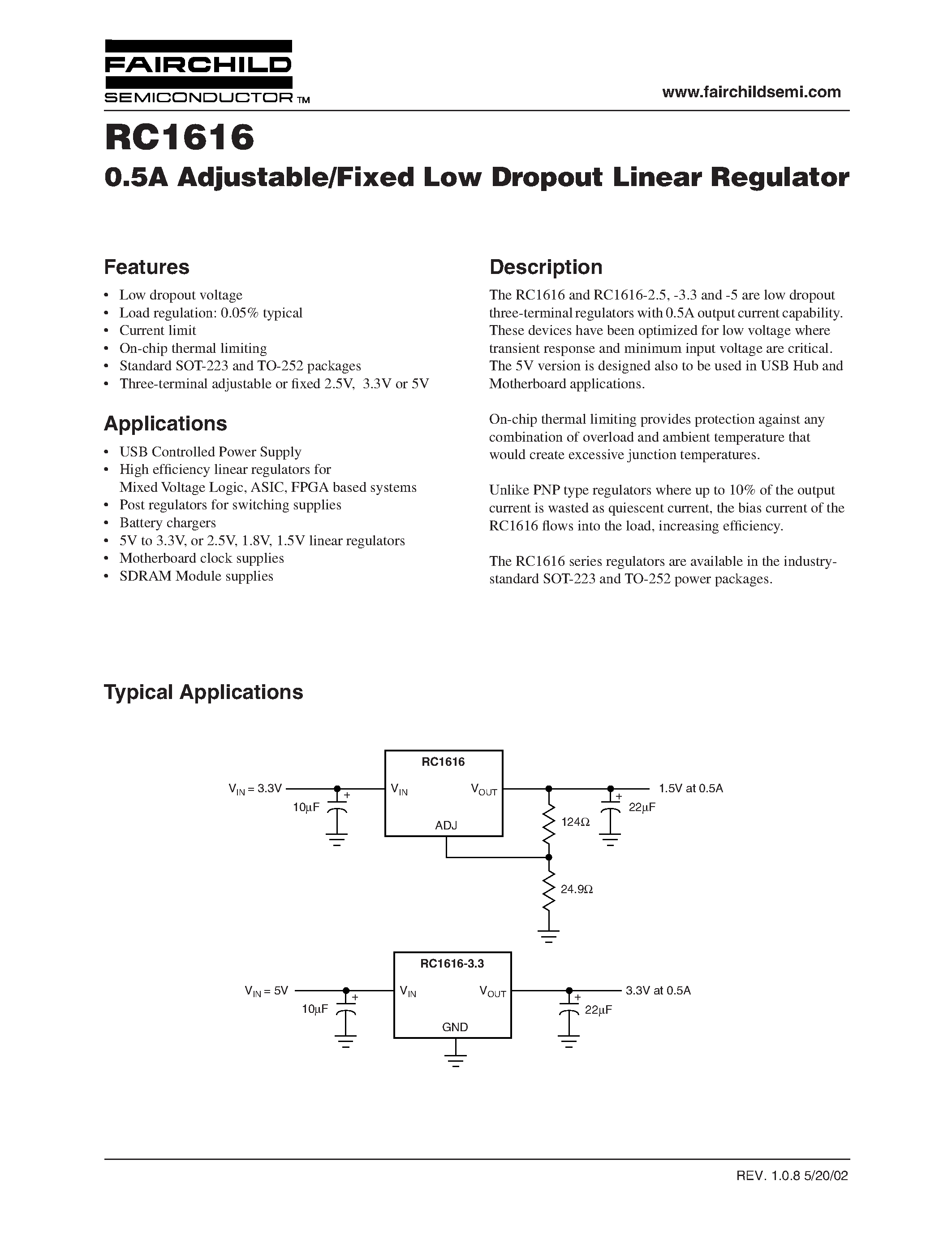 Datasheet RC1616 - 0.5A Adjustable/Fixed Low Dropout Linear Regulator page 1