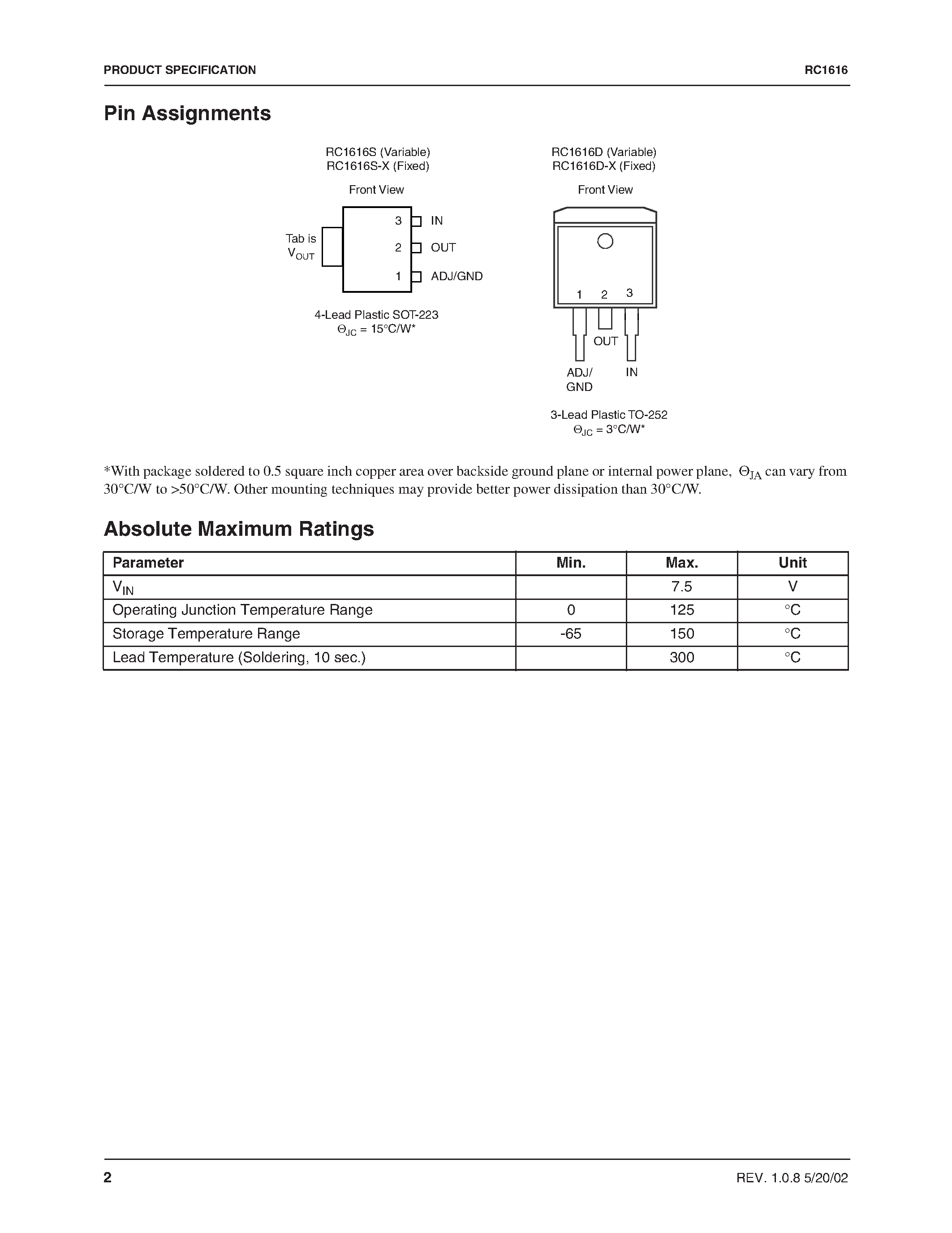 Datasheet RC1616 - 0.5A Adjustable/Fixed Low Dropout Linear Regulator page 2