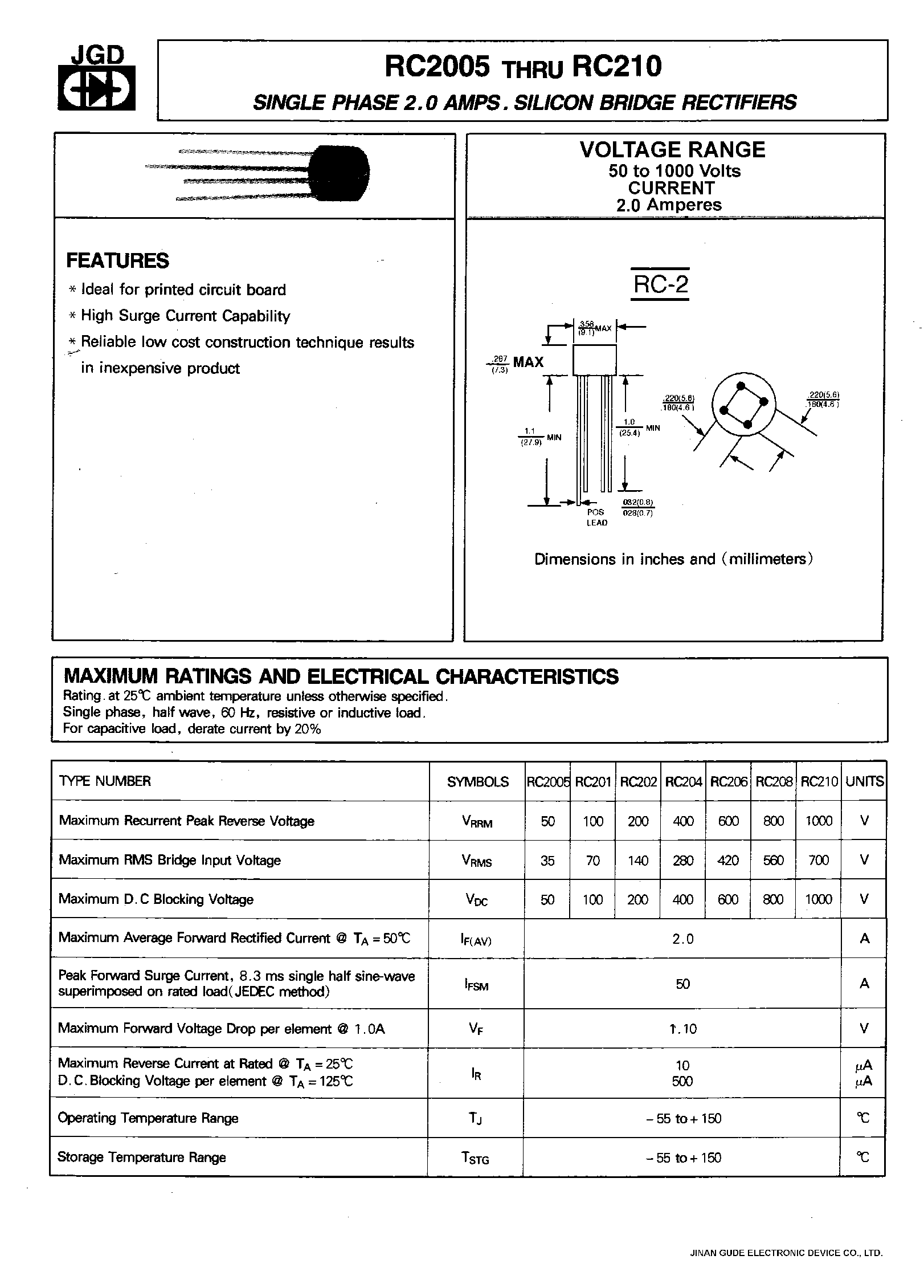Datasheet RC2005 page 1 Datasheet RC2005 - SINGLE PHASE 2.0 AMPS. SILICON BRIDGE RECTIFIERS page 1