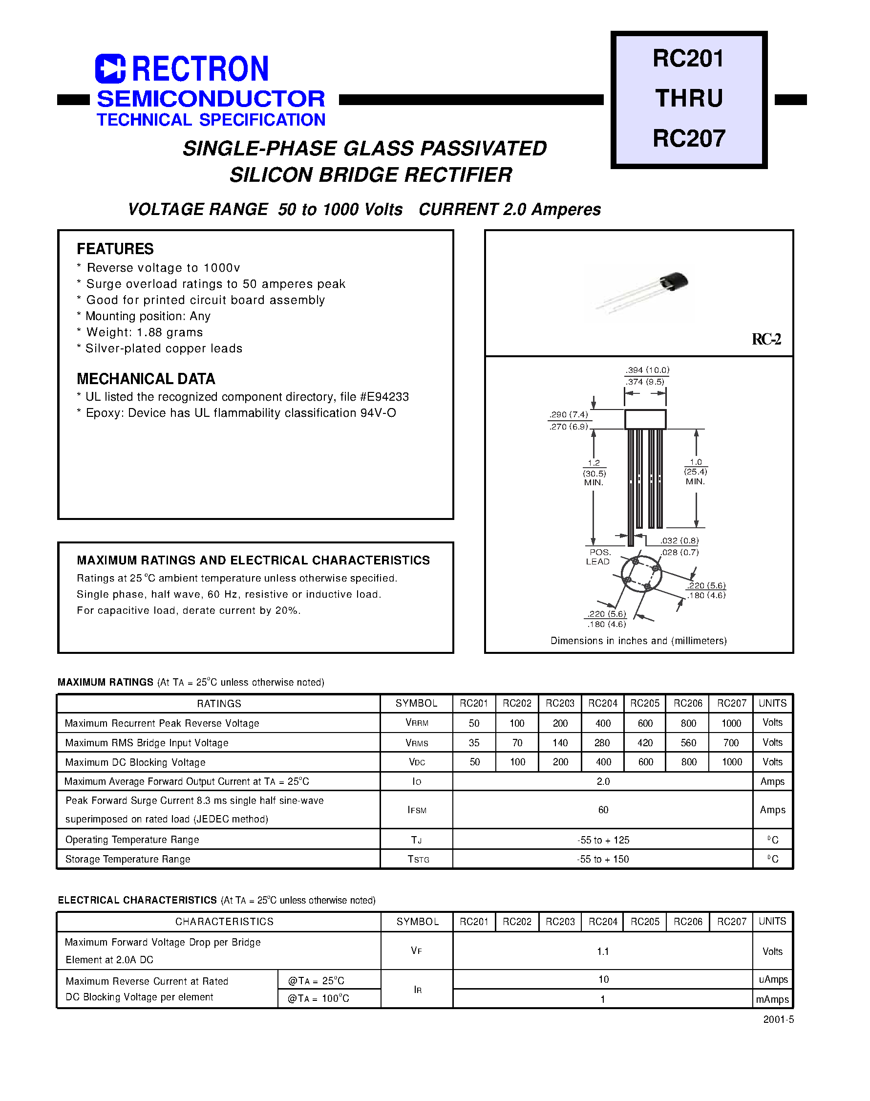Datasheet RC201 - SINGLE-PHASE GLASS PASSIVATED SILICON BRIDGE RECTIFIER (VOLTAGE RANGE 50 to 1000 Volts CURRENT 2.0 Amperes) page 1