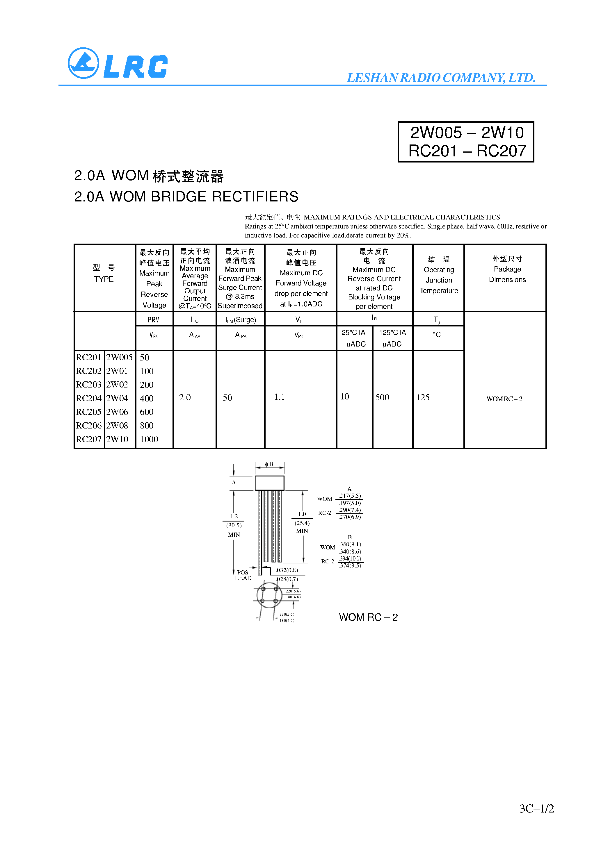 Datasheet RC204 page 1 Datasheet RC204 - 2.0A WOM BRIDGE RECTIFIERS page 1