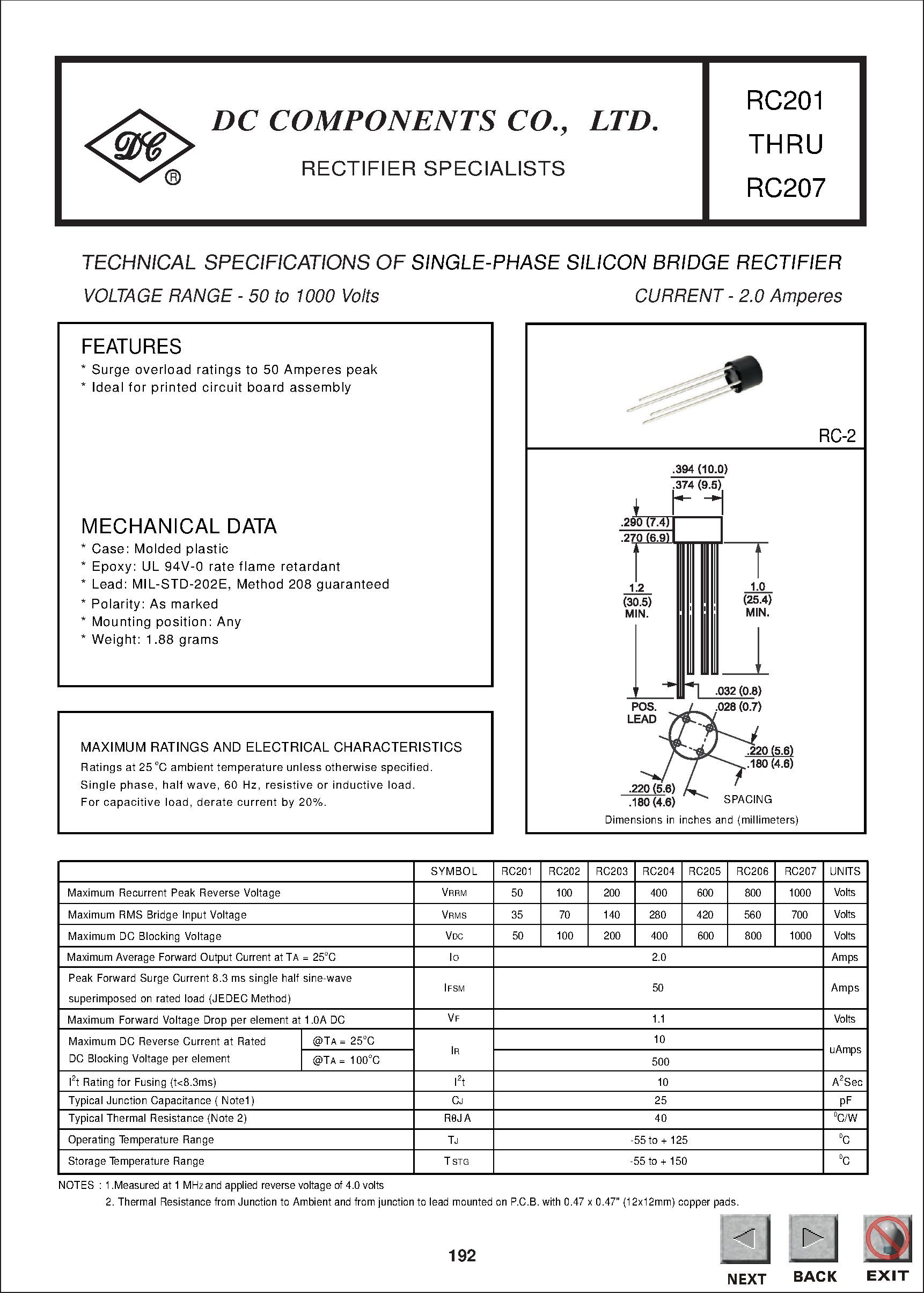 Даташит RC206 - TECHNICAL SPECIFICATIONS OF SINGLE-PHASE SILICON BRIDGE RECTIFIER страница 1