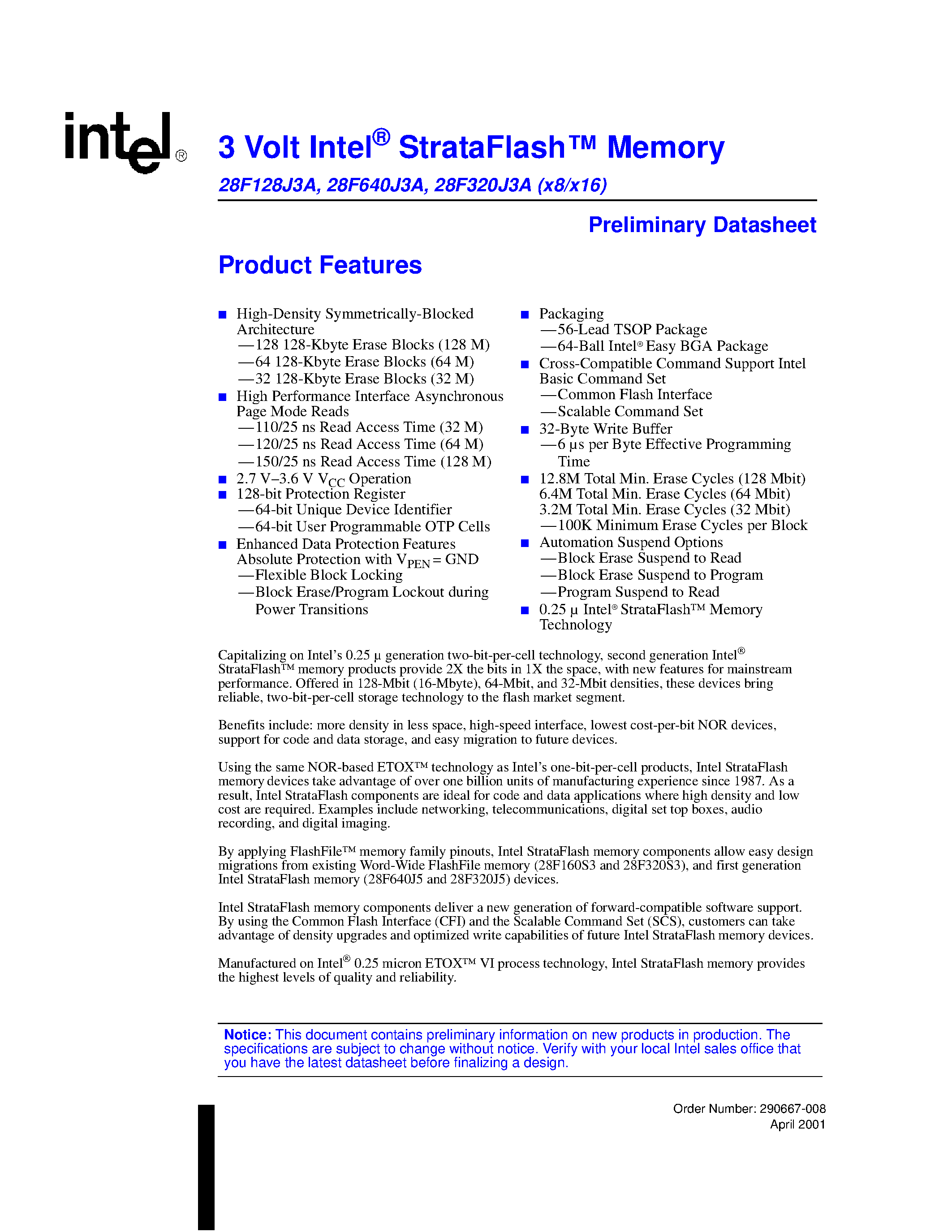 Datasheet RC28F640J3A-120 - 3 Volt Intel StrataFlash Memory page 1