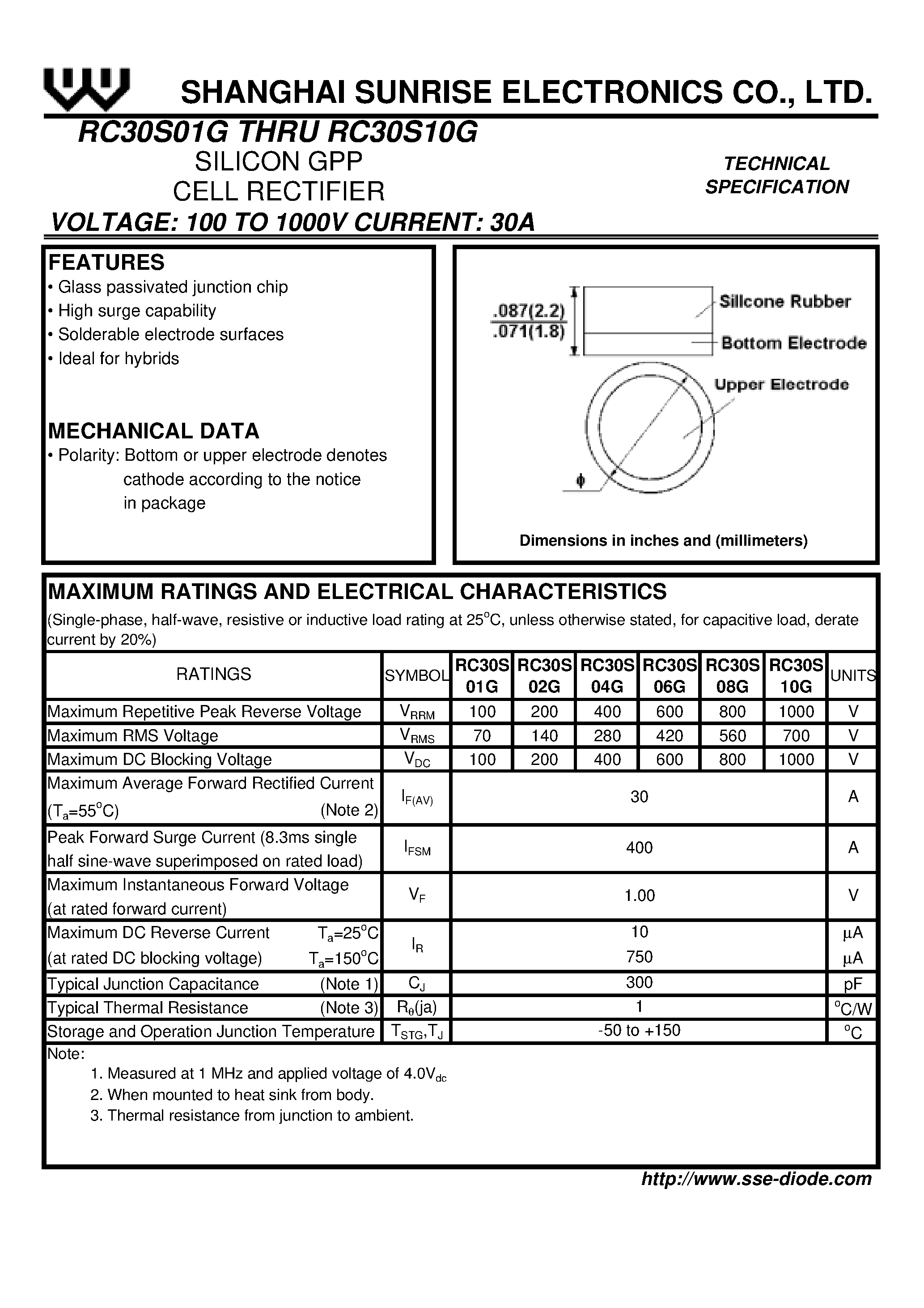 Даташит RC30S02G - SILICON GPP CELL RECTIFIER страница 1
