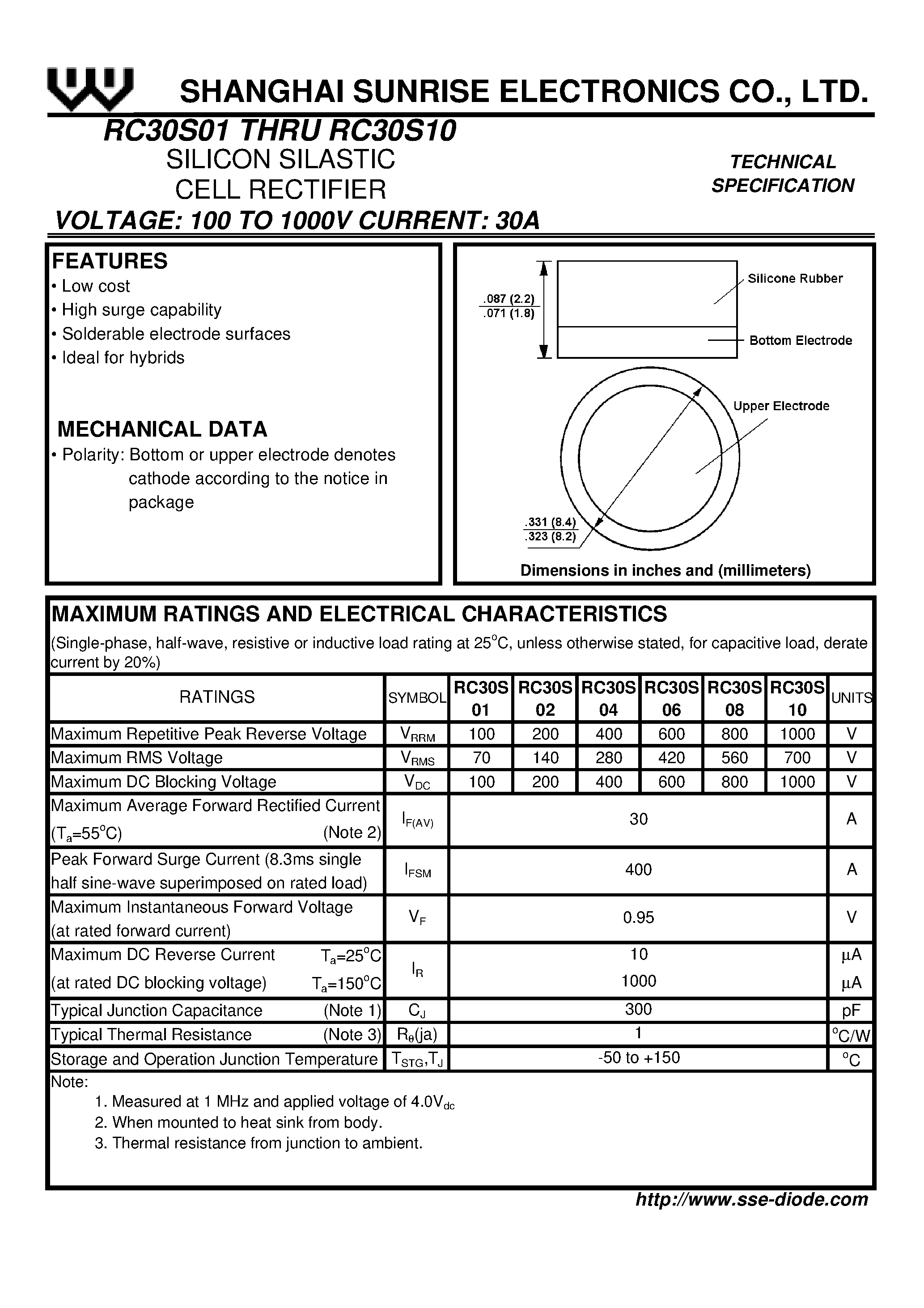 Даташит RC30S10 - SILICON SILASTIC CELL RECTIFIER страница 1