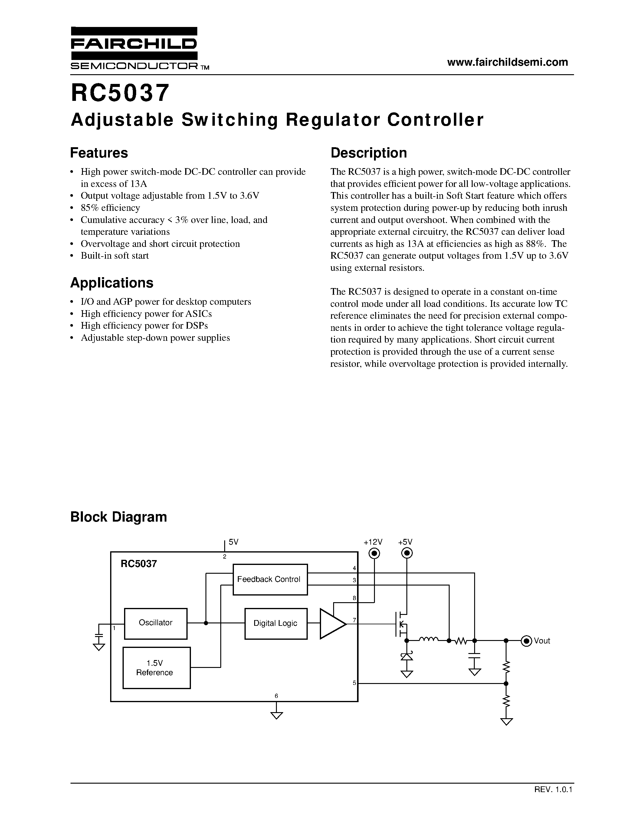 Datasheet RC5037 page 1 Datasheet RC5037 - Adjustable Switching Regulator Controller page 1