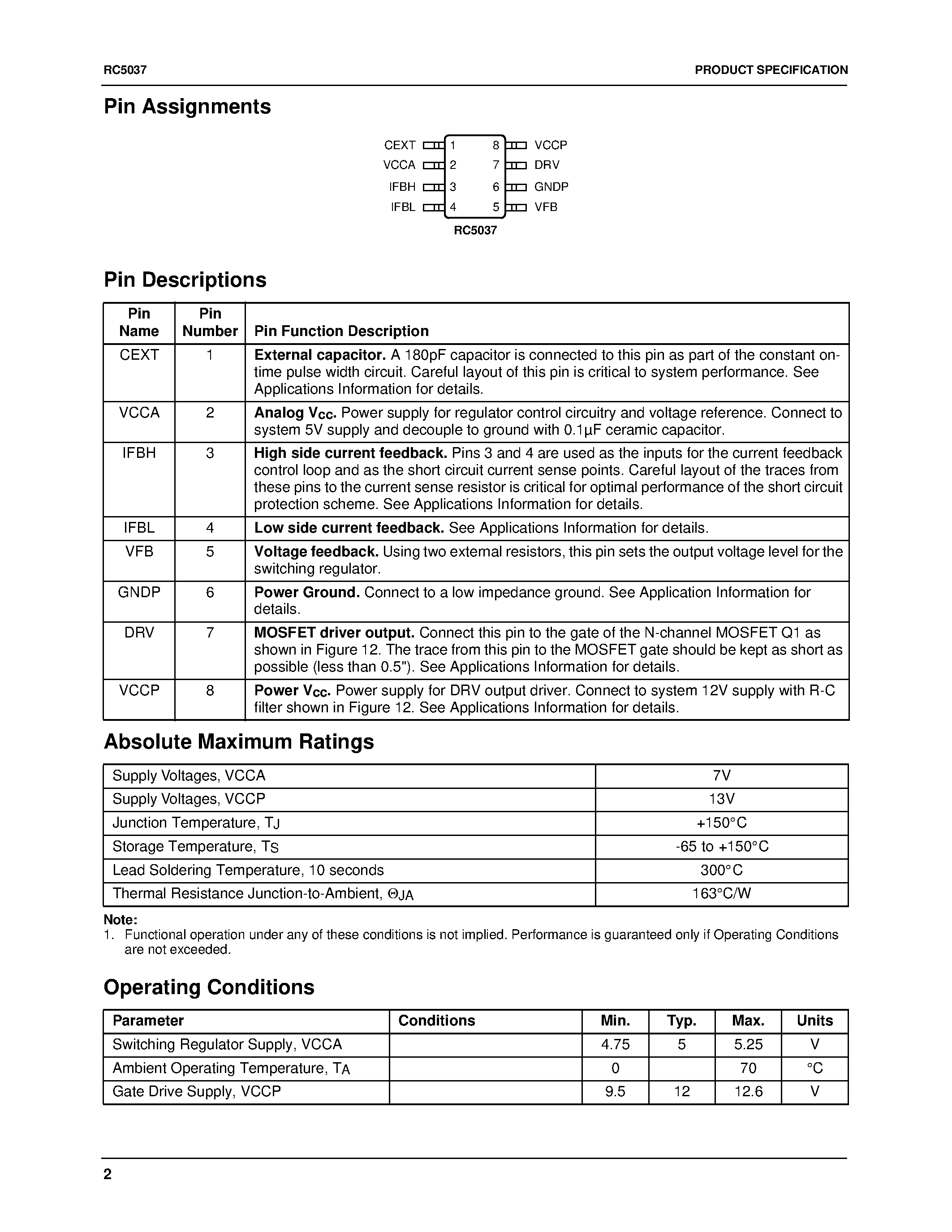 Datasheet RC5037 page 2 Datasheet RC5037 - Adjustable Switching Regulator Controller page 2