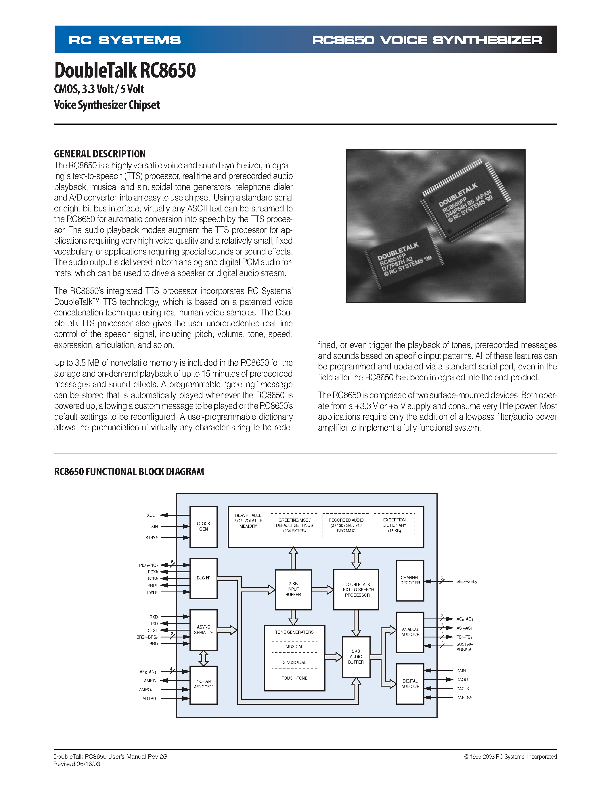 Datasheet RC86L50-0 - VOICE SYNTHESIZER page 1