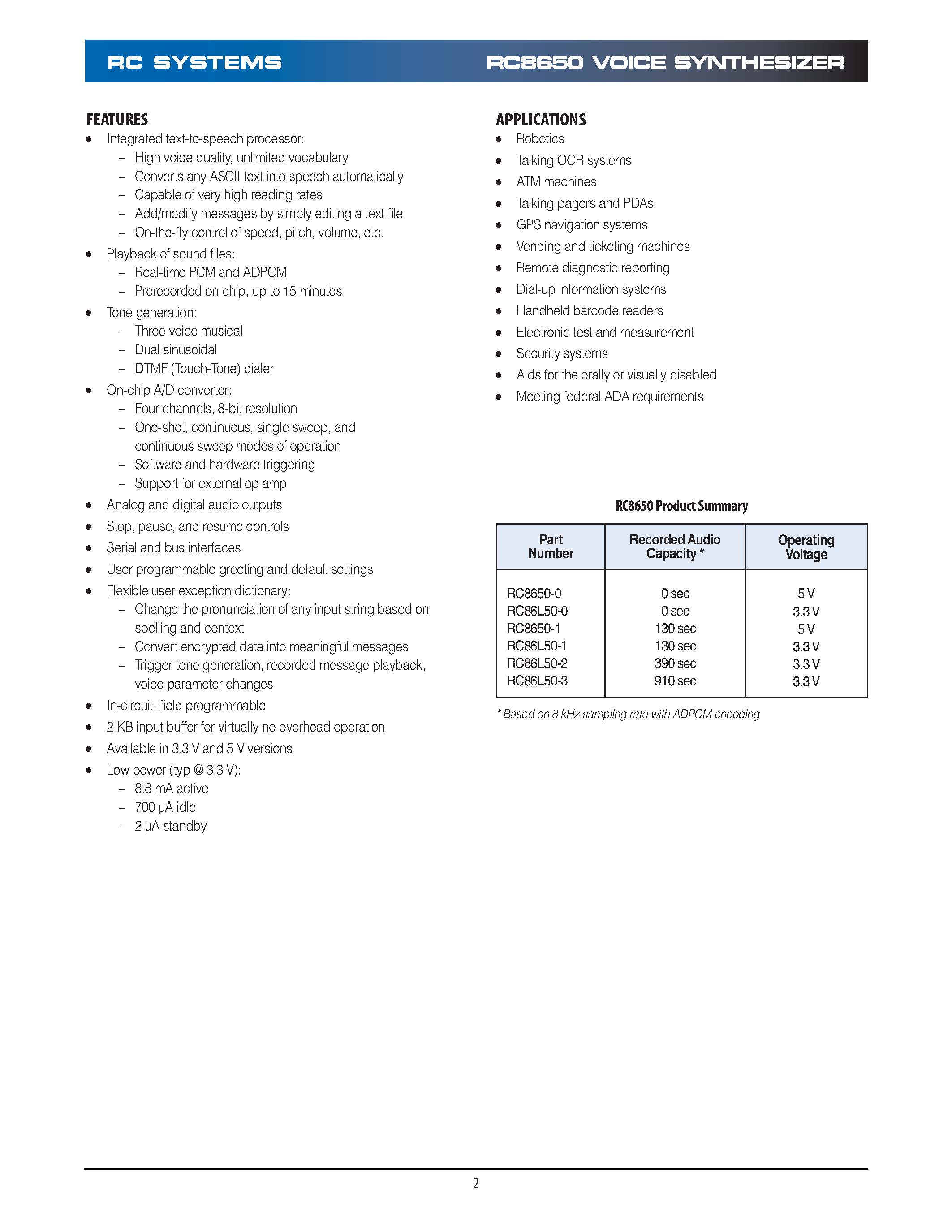 Datasheet RC86L50-1 page 2 Datasheet RC86L50-1 - VOICE SYNTHESIZER page 2