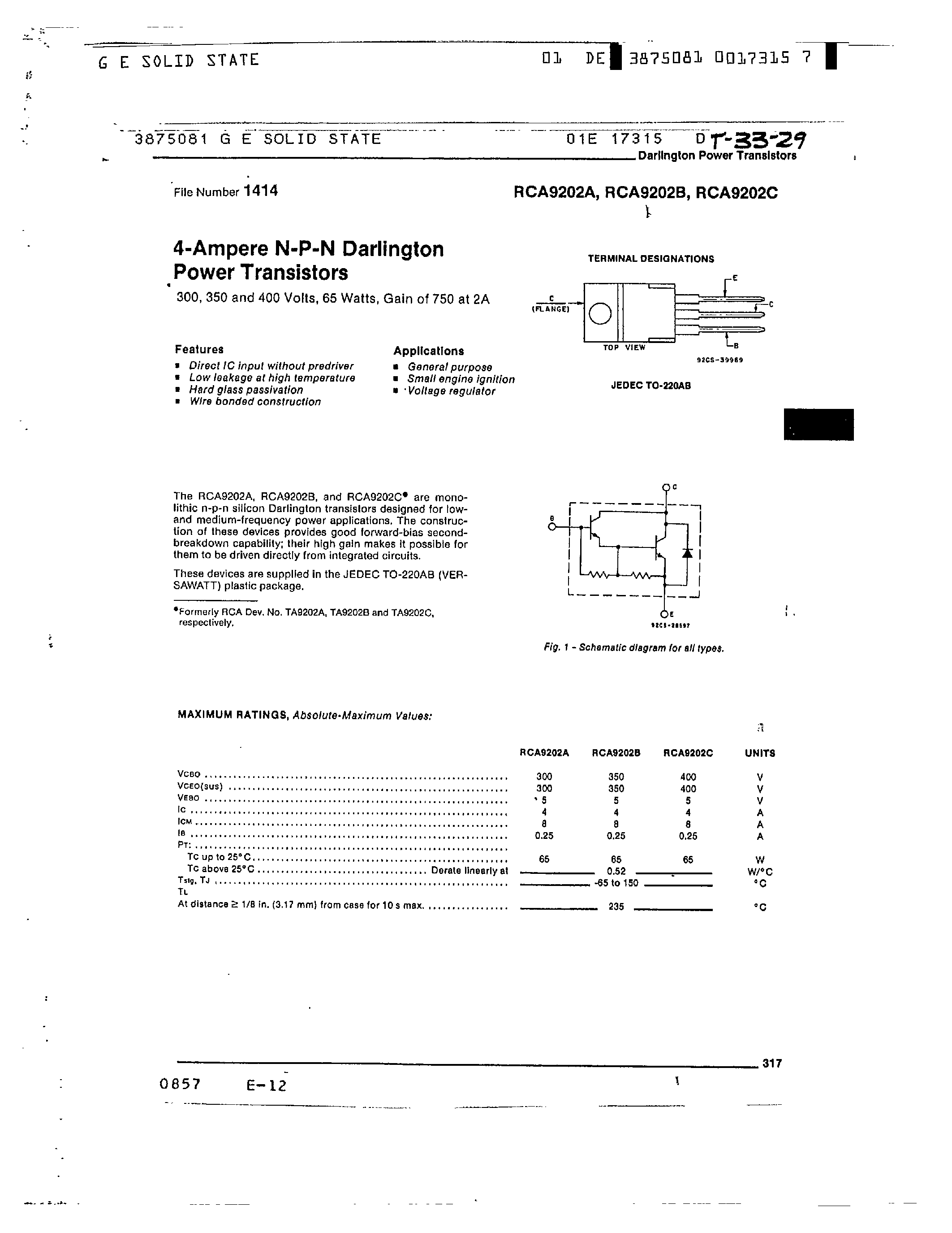 Datasheet RCA9202A - 4 AMPERE NPN DARLINGTON POWER TRANSISTORS page 1