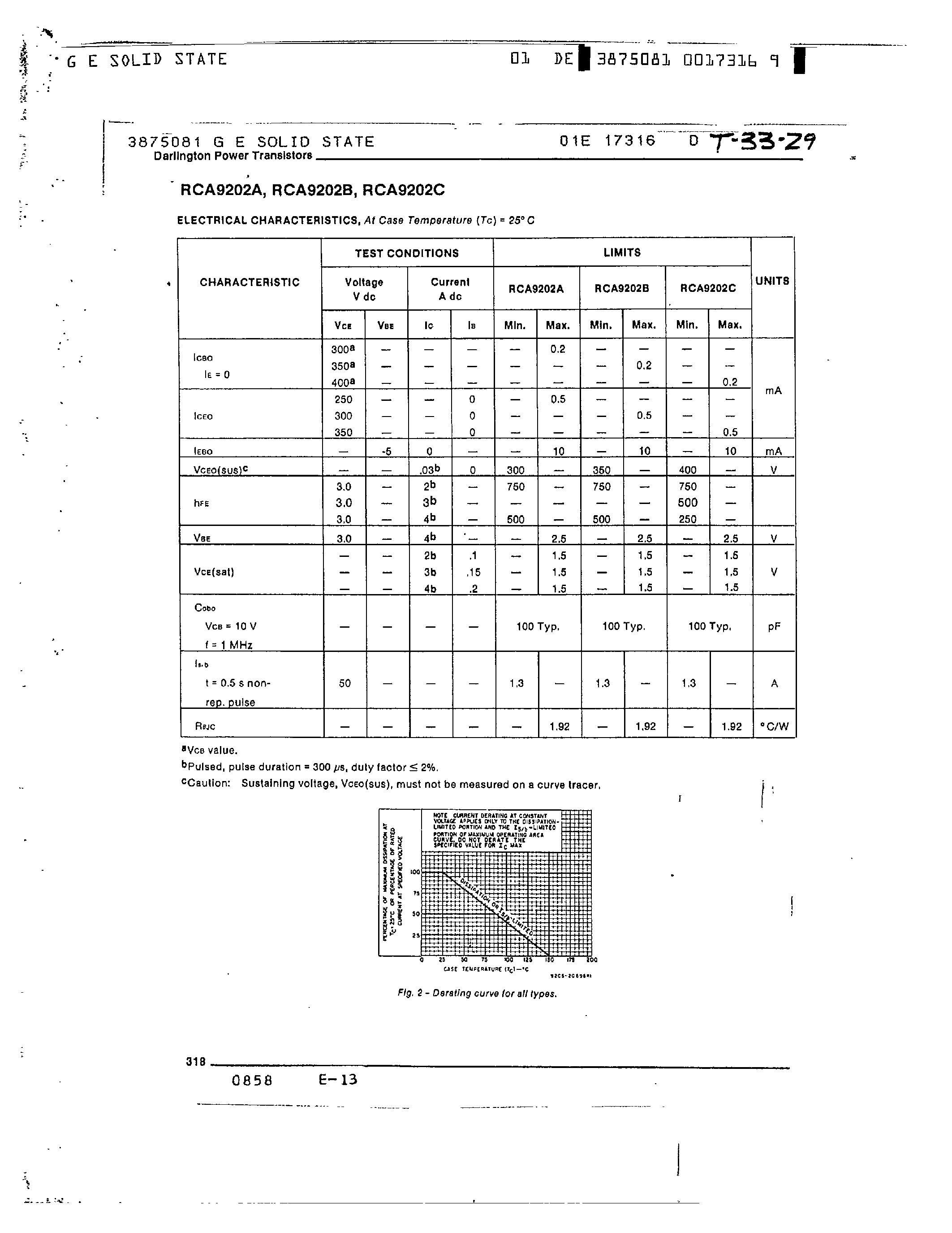 Даташит RCA9202B - 4 AMPERE NPN DARLINGTON POWER TRANSISTORS страница 2