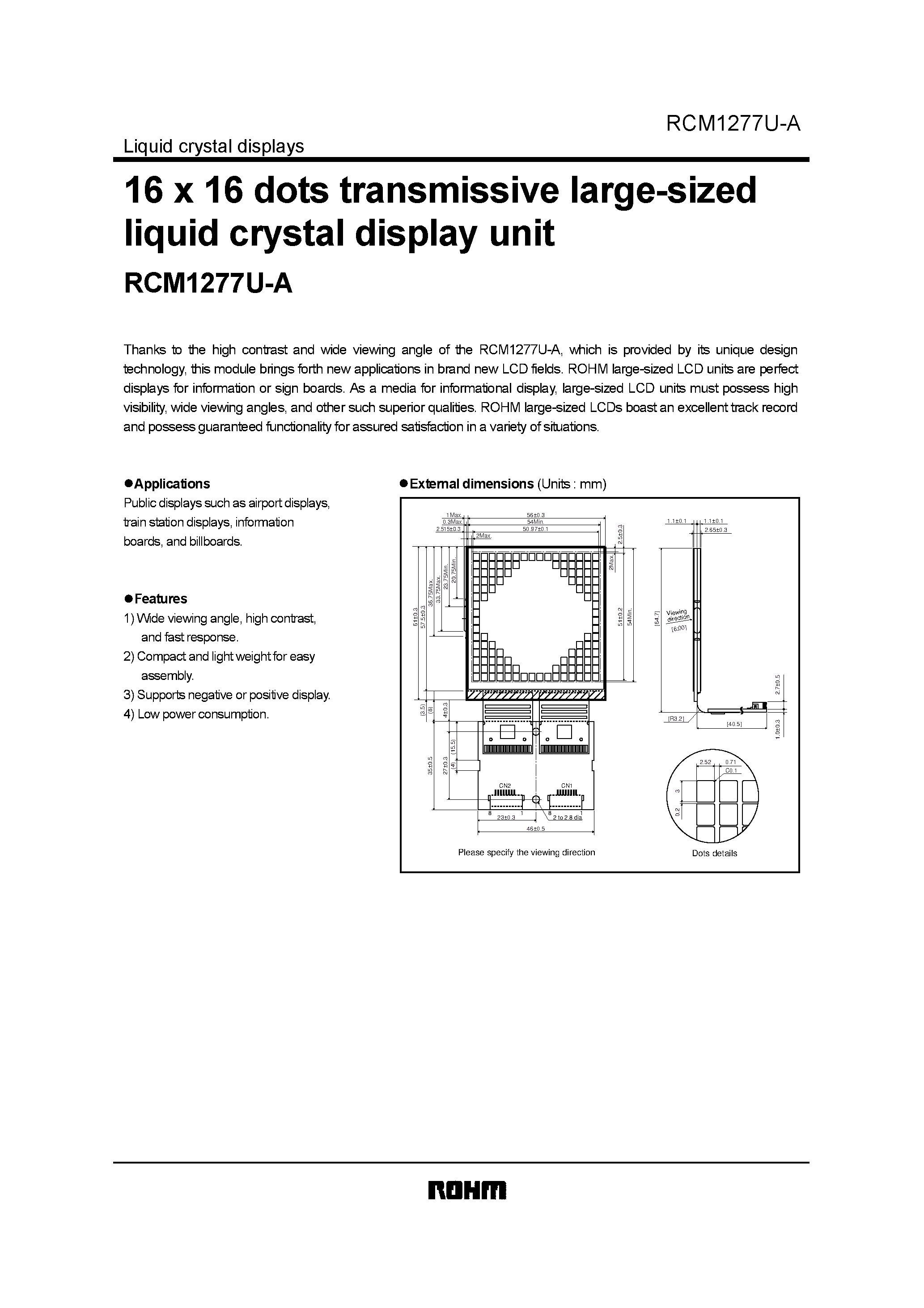 Datasheet RCM1277U-A - 16 x 16 dots transmissive large-sized liquid crystal display unit page 1