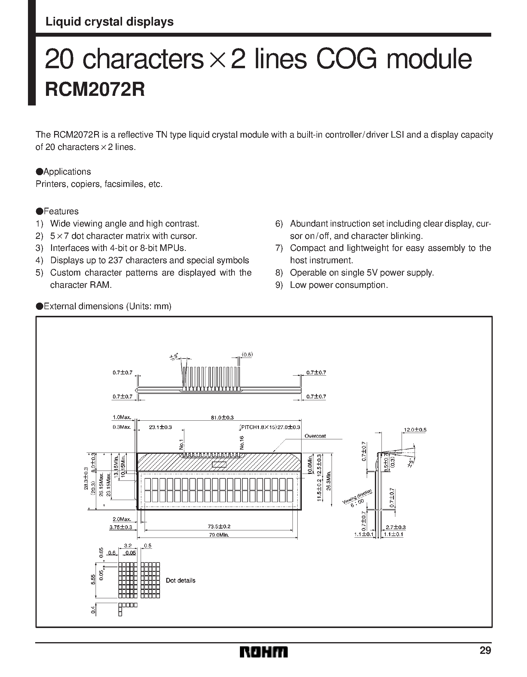 Datasheet RCM2072R - 20 characters X 2 lines COG module page 1