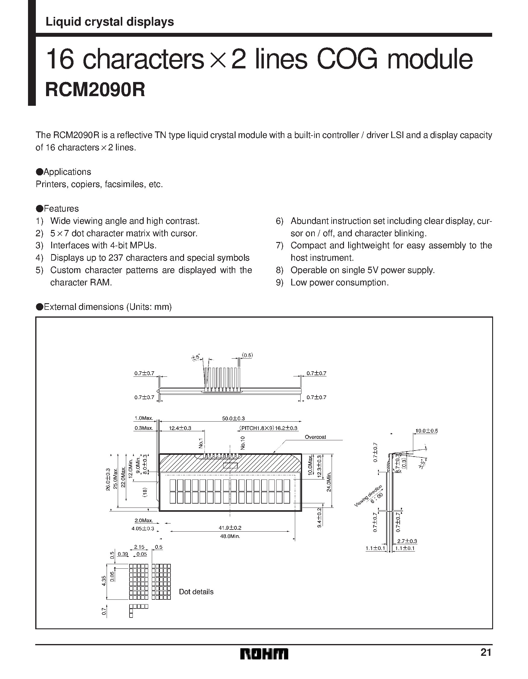 Datasheet RCM2090R - 16 characters x 2 lines COG module page 1