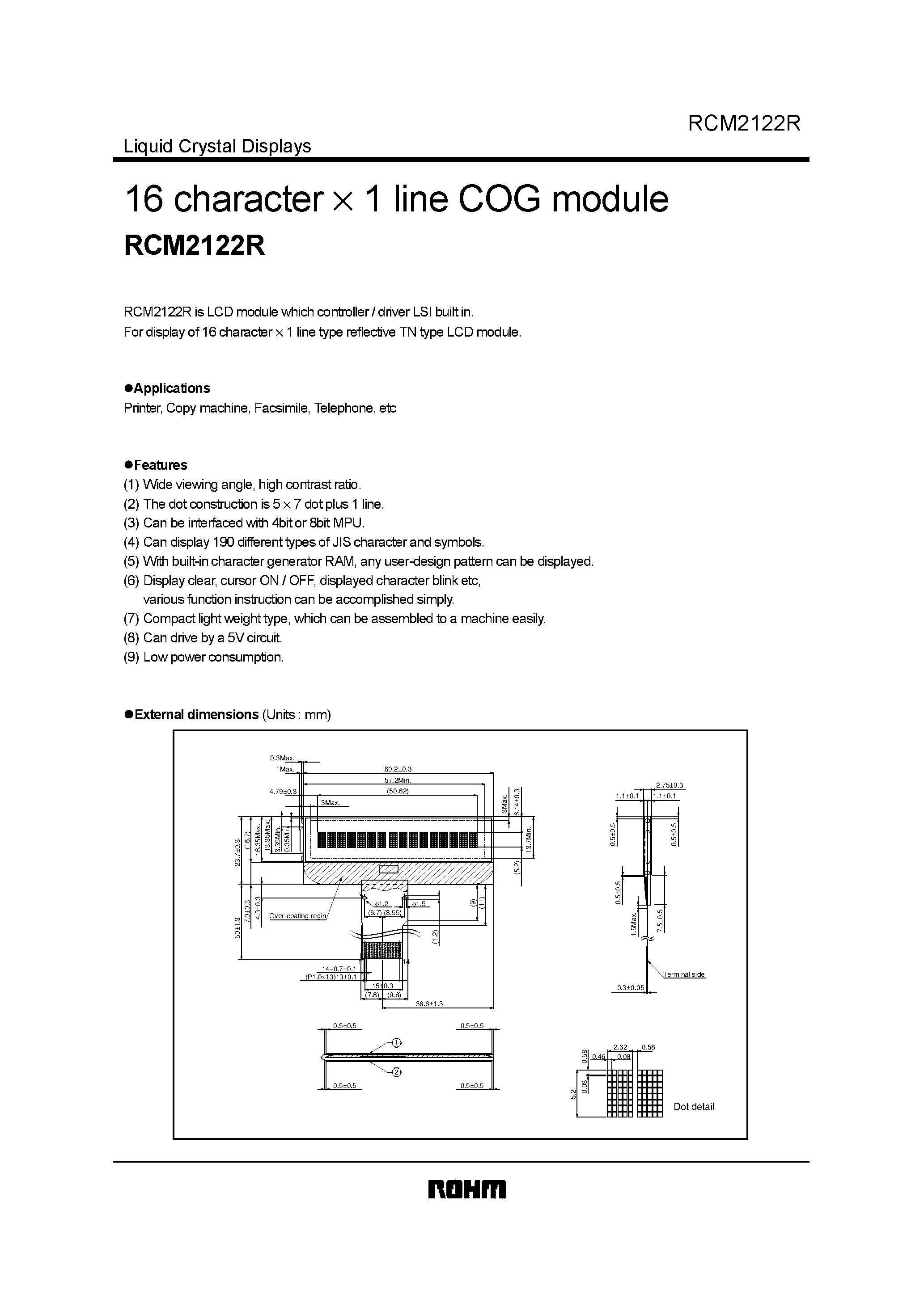 Datasheet RCM2122R - 16 character 1 line COG module page 1