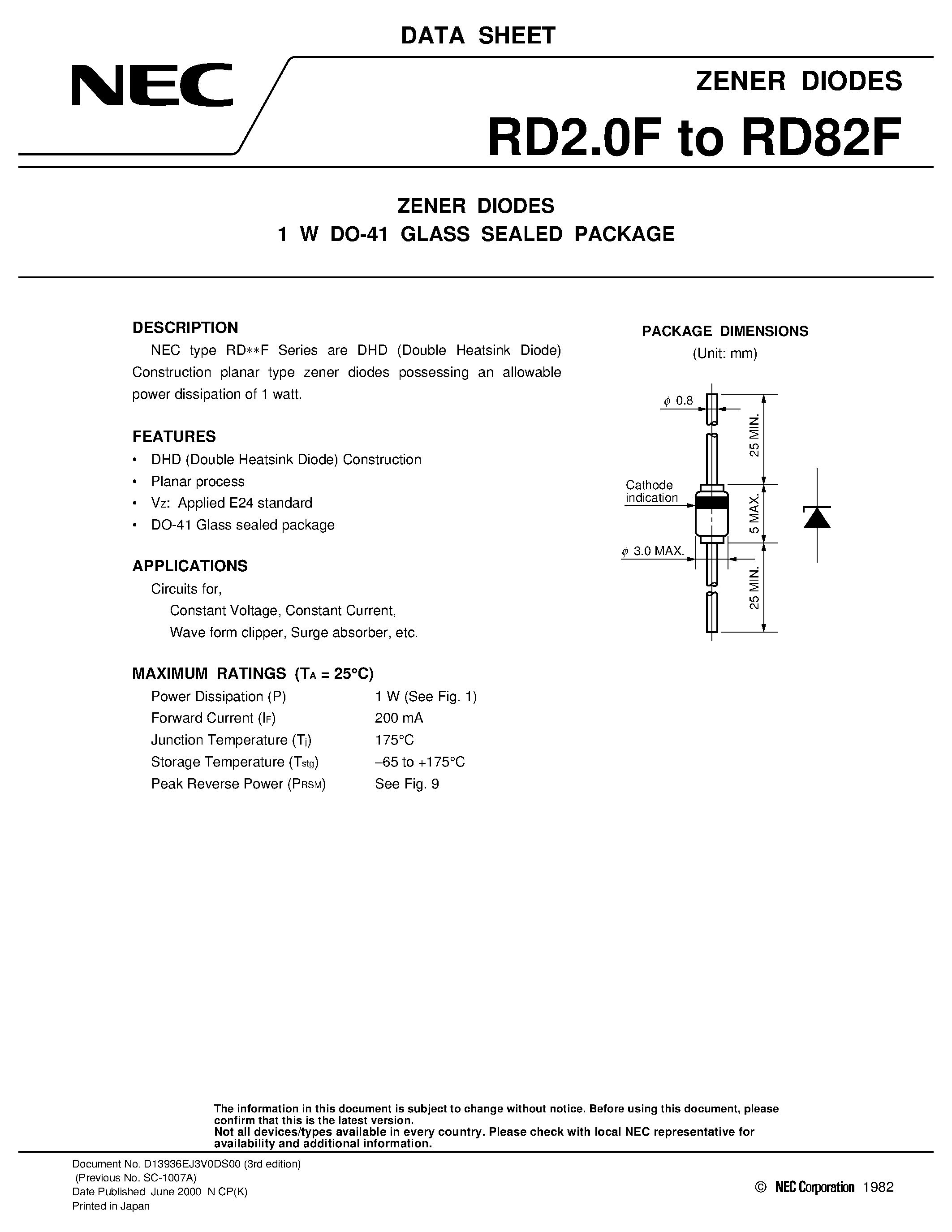 Даташит RD2.0F - ZENER DIODES 1 W DO-41 GLASS SEALED PACKAGE страница 1