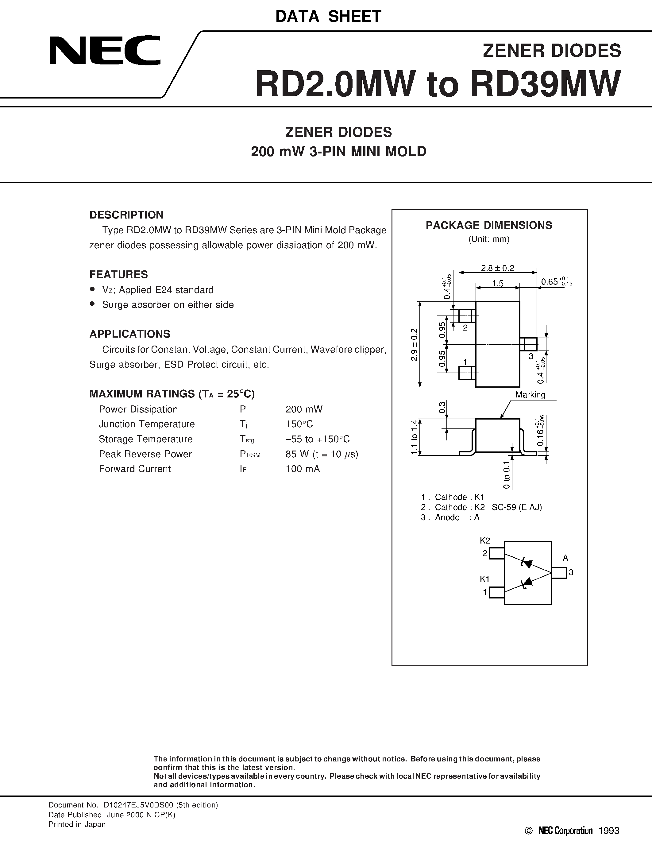 Datasheet RD27MW - ZENER DIODES 200 mW 3-PIN MINI MOLD page 1