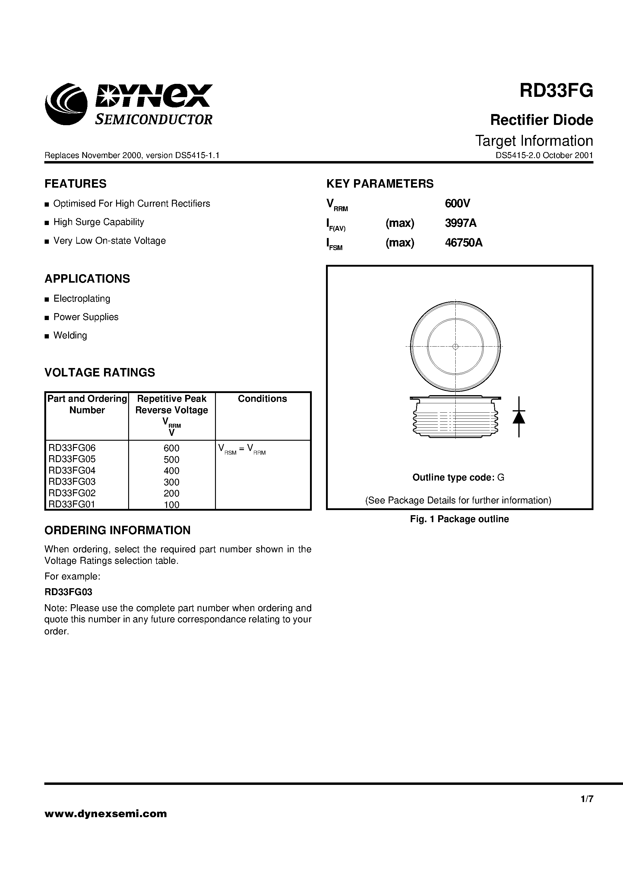 Даташит RD33FG06 - Rectifier Diode Target Information страница 1