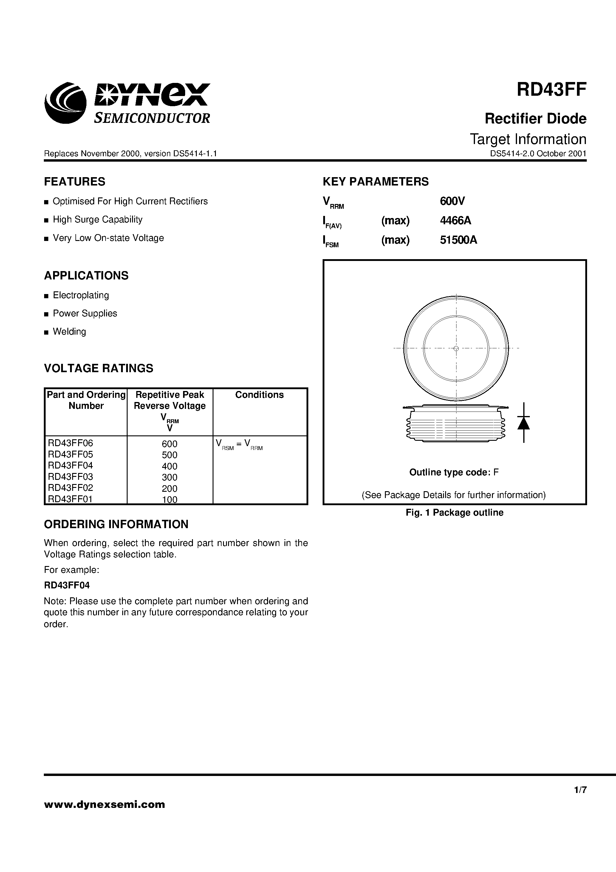 Даташит RD43FF01 - Rectifier Diode Target Information страница 1